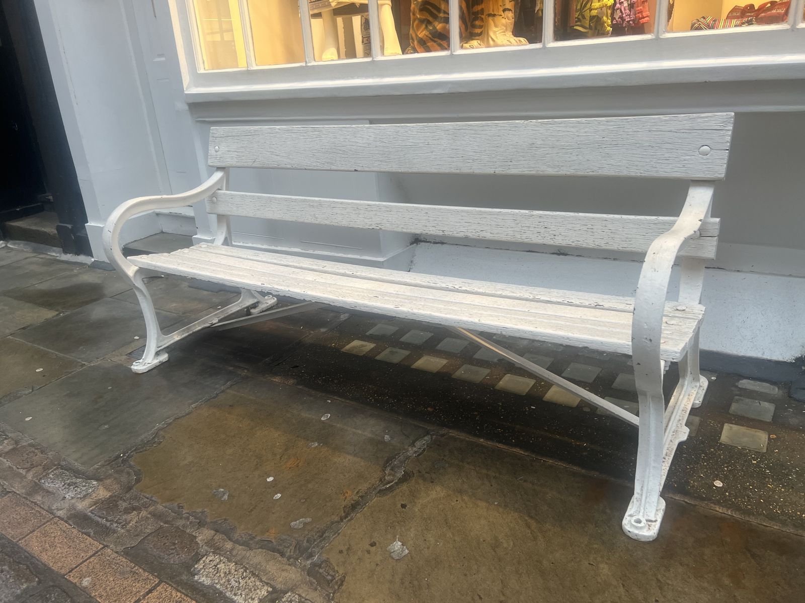 Vintage White Wooden Garden Bench Seat Cast Iron Ends photo Garden Furniture