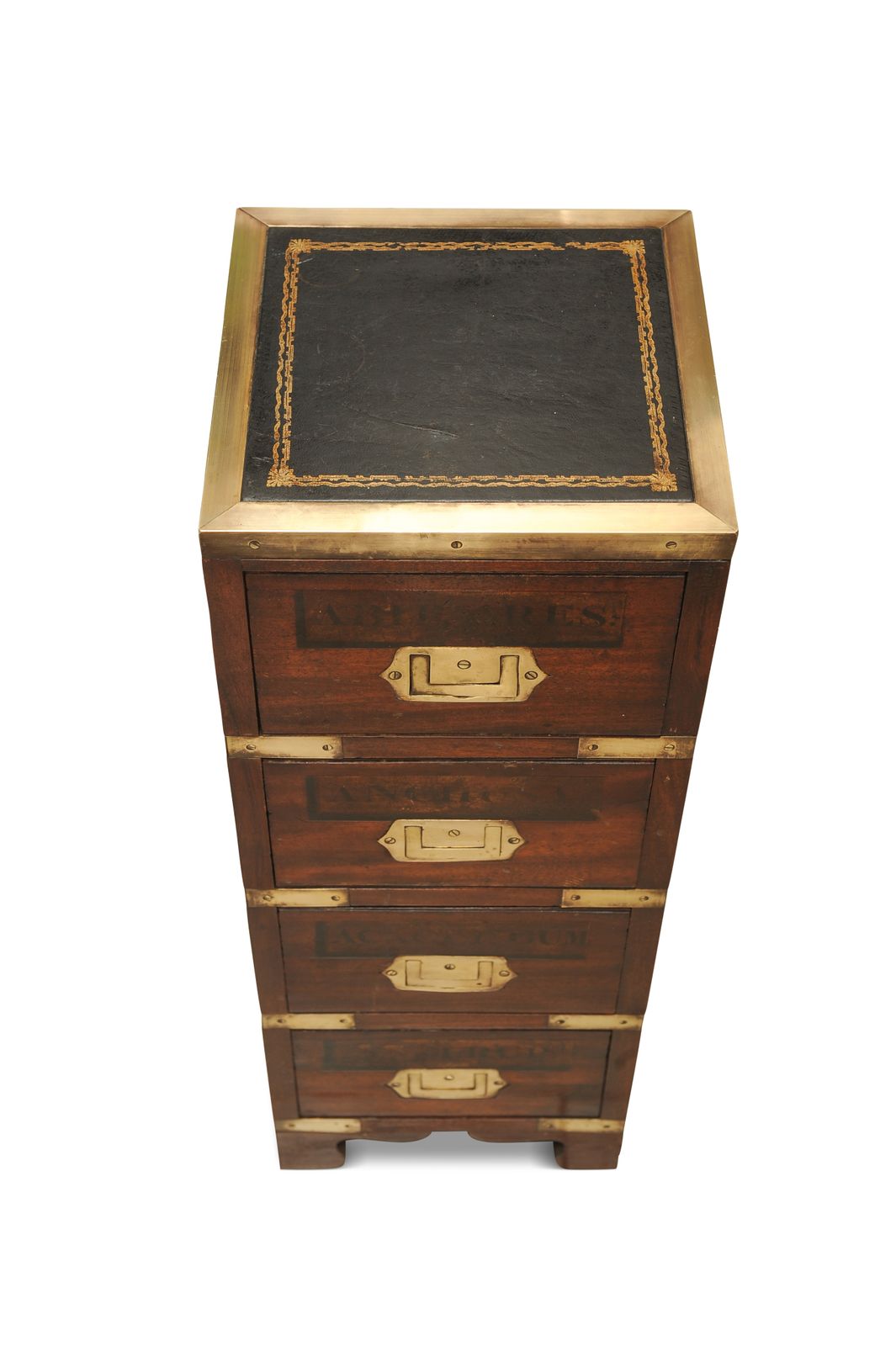 1800's Military Campaign, Four Drawer, Apothecary Brass Bound Chest Finished With Tooled Black Leather Ol