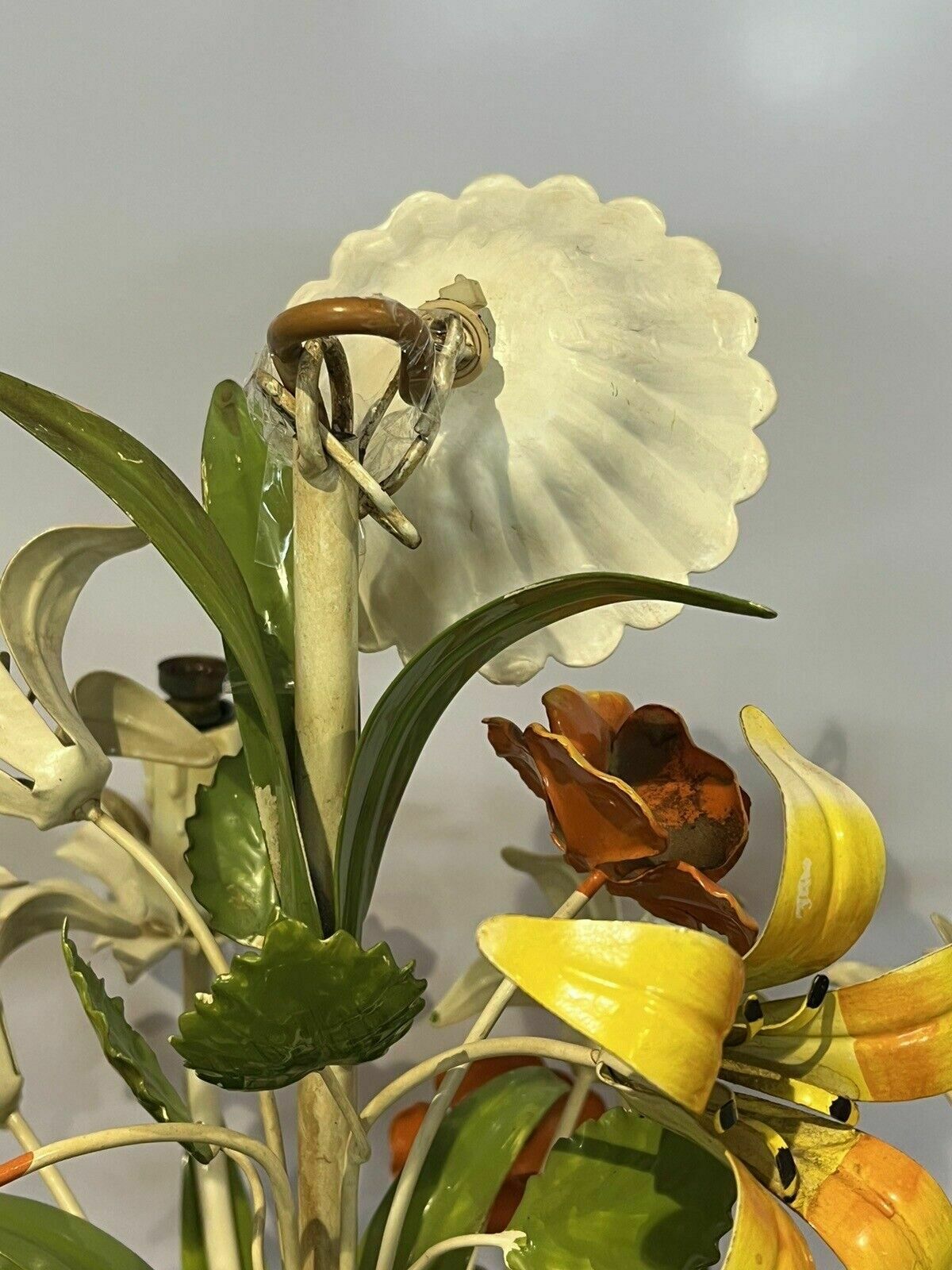 Original Mid Century Italian Toleware Metal Painted Flowers Chandelier photo vinterior