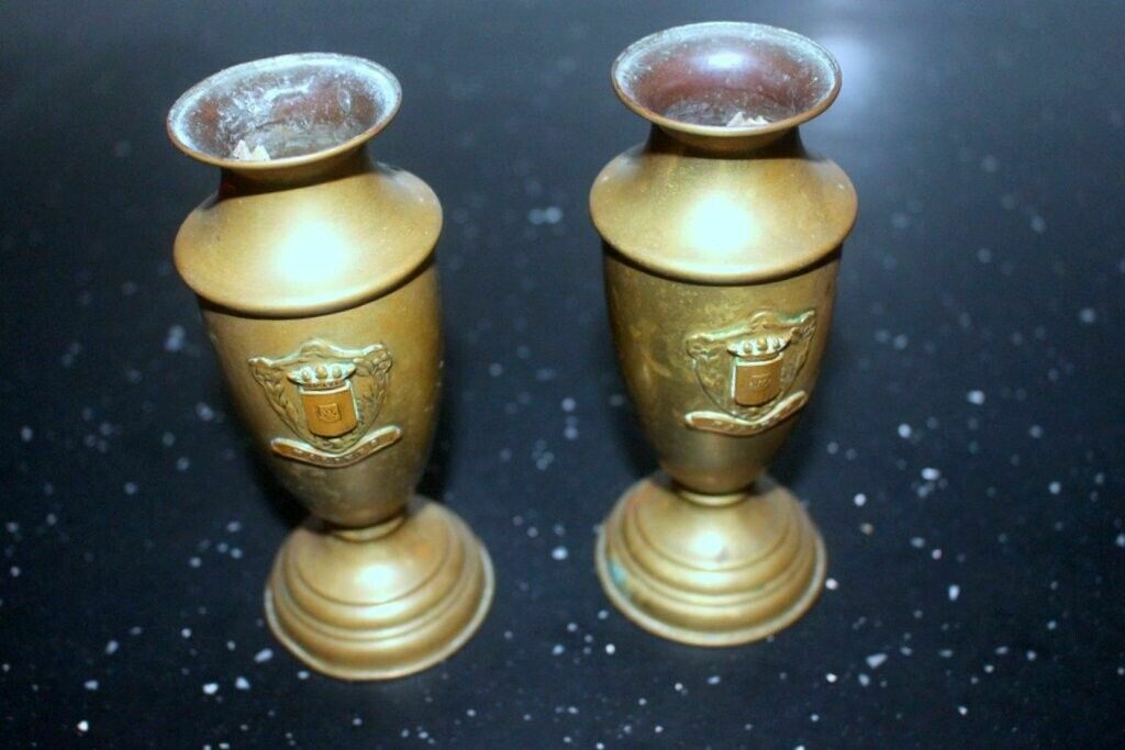 photo for sale French Vtg Pair Of Brass Petite Vase Urn Royal Malines Candleholder + Candles