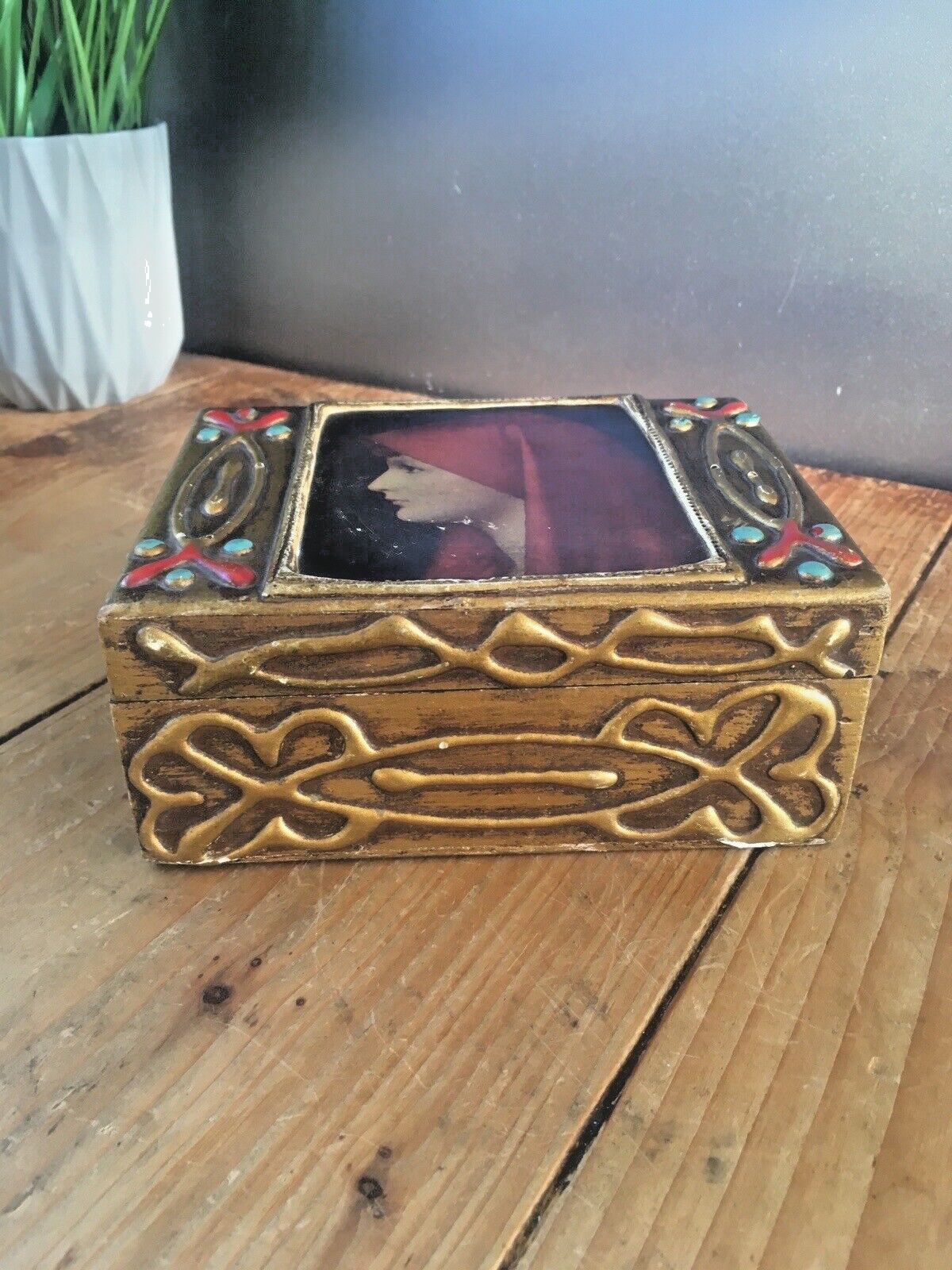 photo for sale Florentine Giltwood St Fabiola Italian Brutalist Wooden Jewellery Box Henner
