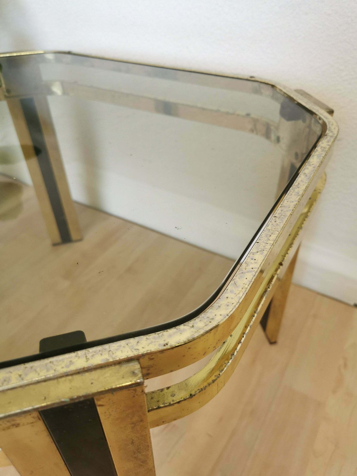 Vintage Brass And Smoked Glass Coffee Table / Mid Century Elegant Gold And Black End Side Table / 1970s Italy photo for sale