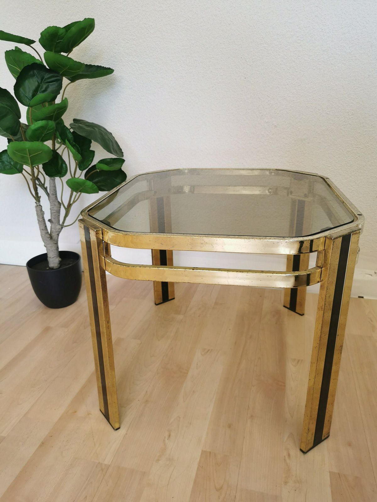 Vintage Brass And Smoked Glass Coffee Table / Mid Century Elegant Gold And Black End Side Table / 1970s Italy photo Furniture