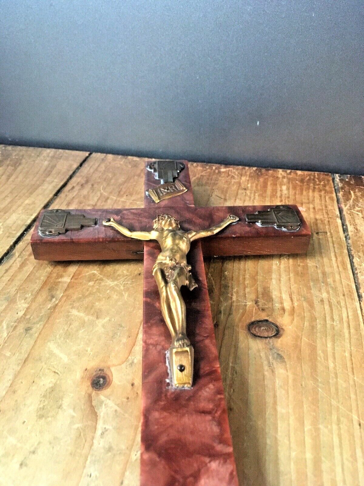 Antique Art Deco French Bakelite Gilded Wall Hanging Crucifix Church Cross Jesus photo furniture