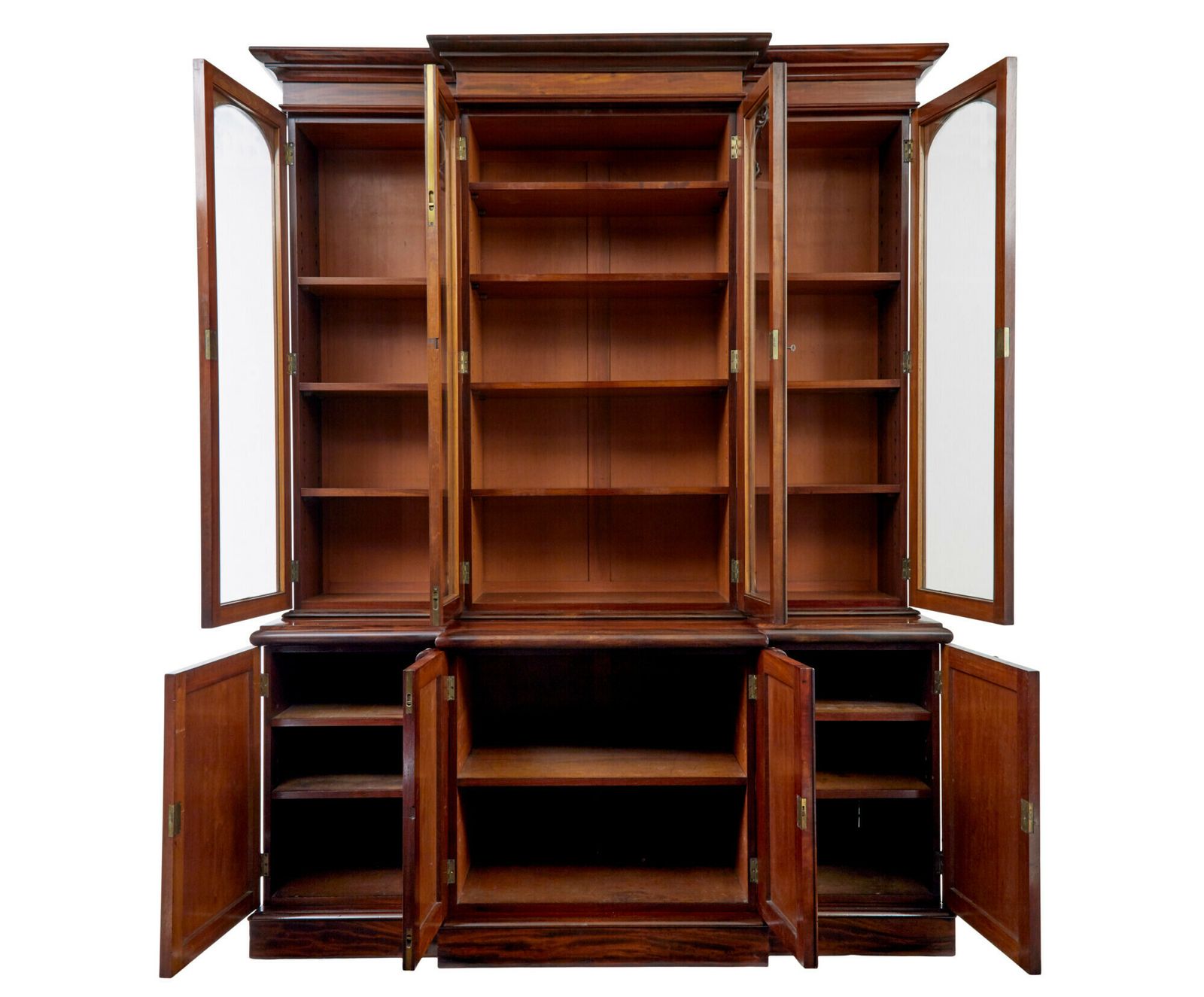 photo for sale Early Victorian 19th Century Flame Mahogany Breakfront Bookcase