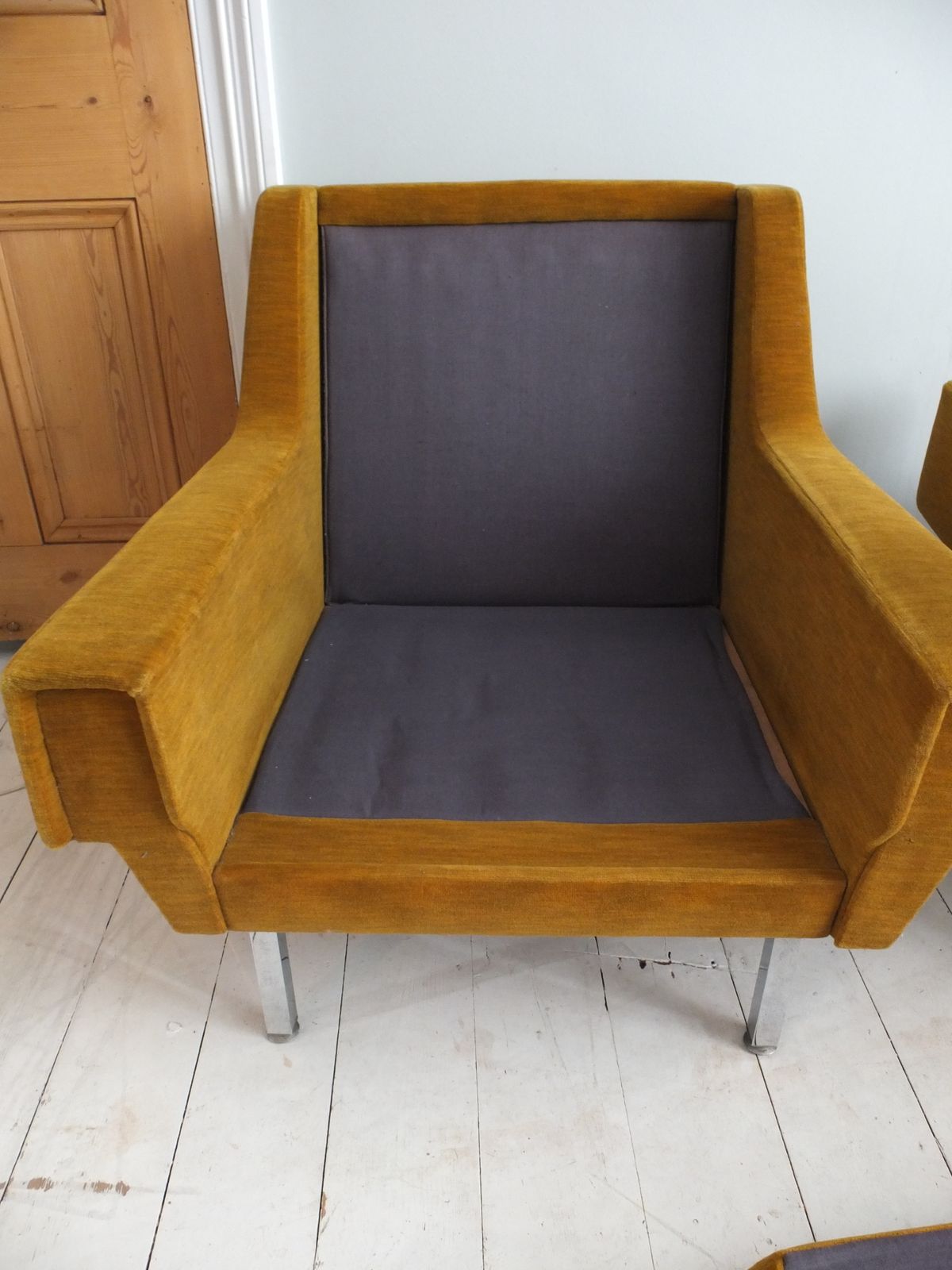 A Pair Of 1970s Armchairs In Original Mustard Fabric With Chrome Legs photo buy