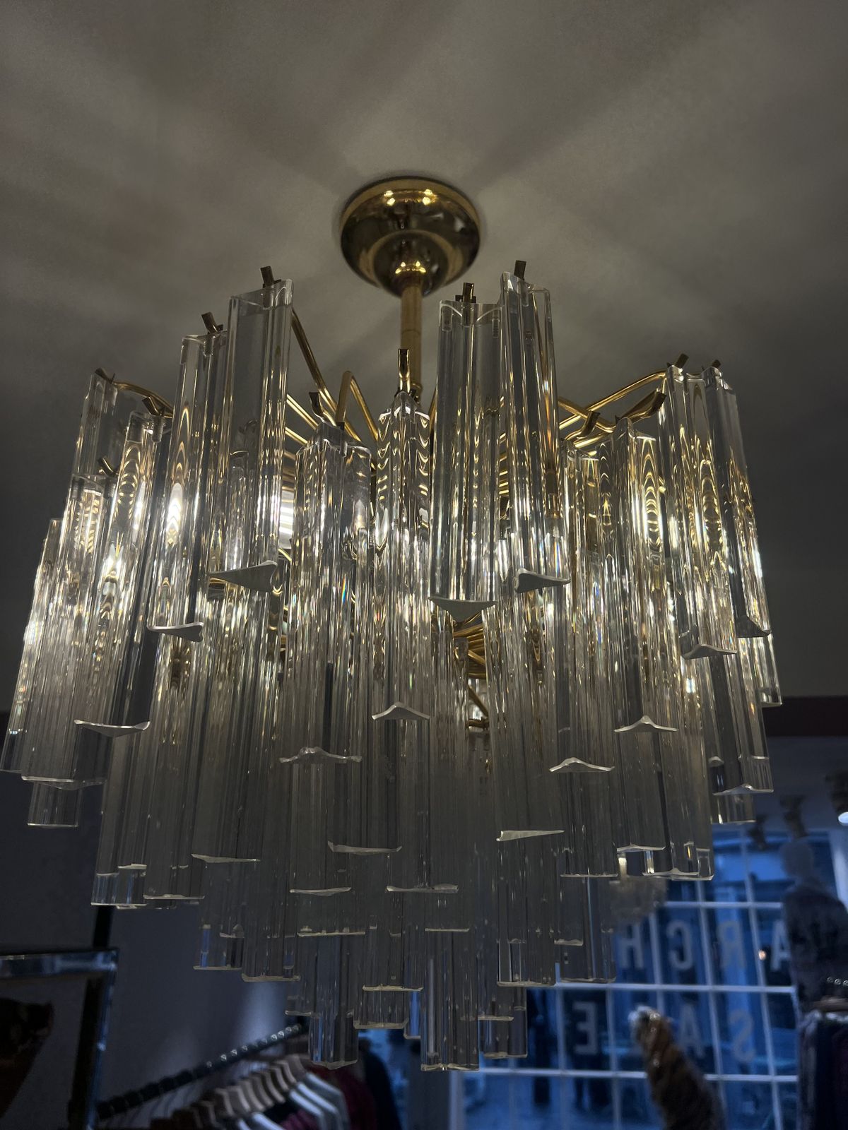 Vintage Pair Of Italian Murano Triedre Prism Crystal Gold Plated Chandeliers photo Lighting