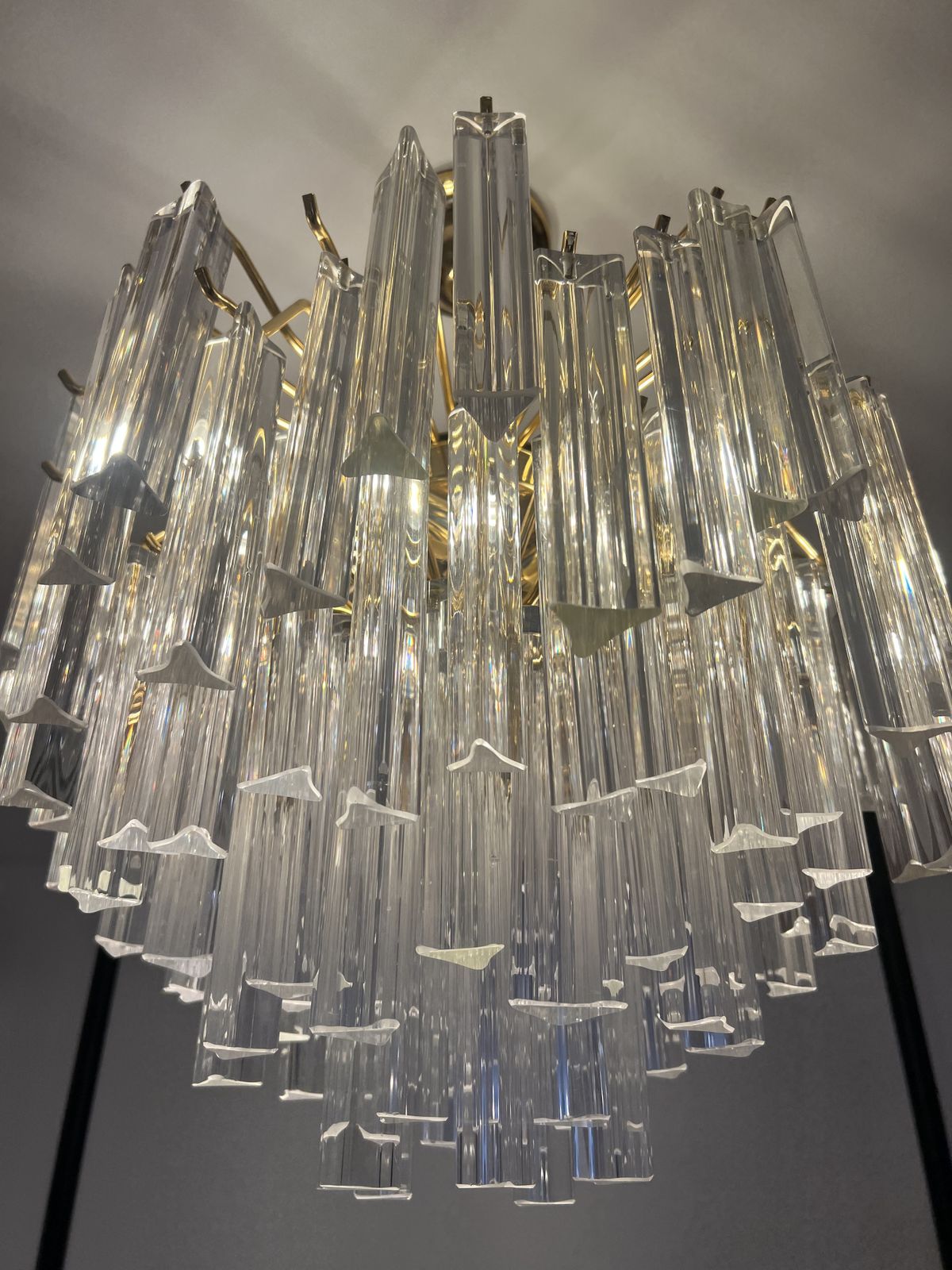 Vintage Pair Of Italian Murano Triedre Prism Crystal Gold Plated Chandeliers photo buy