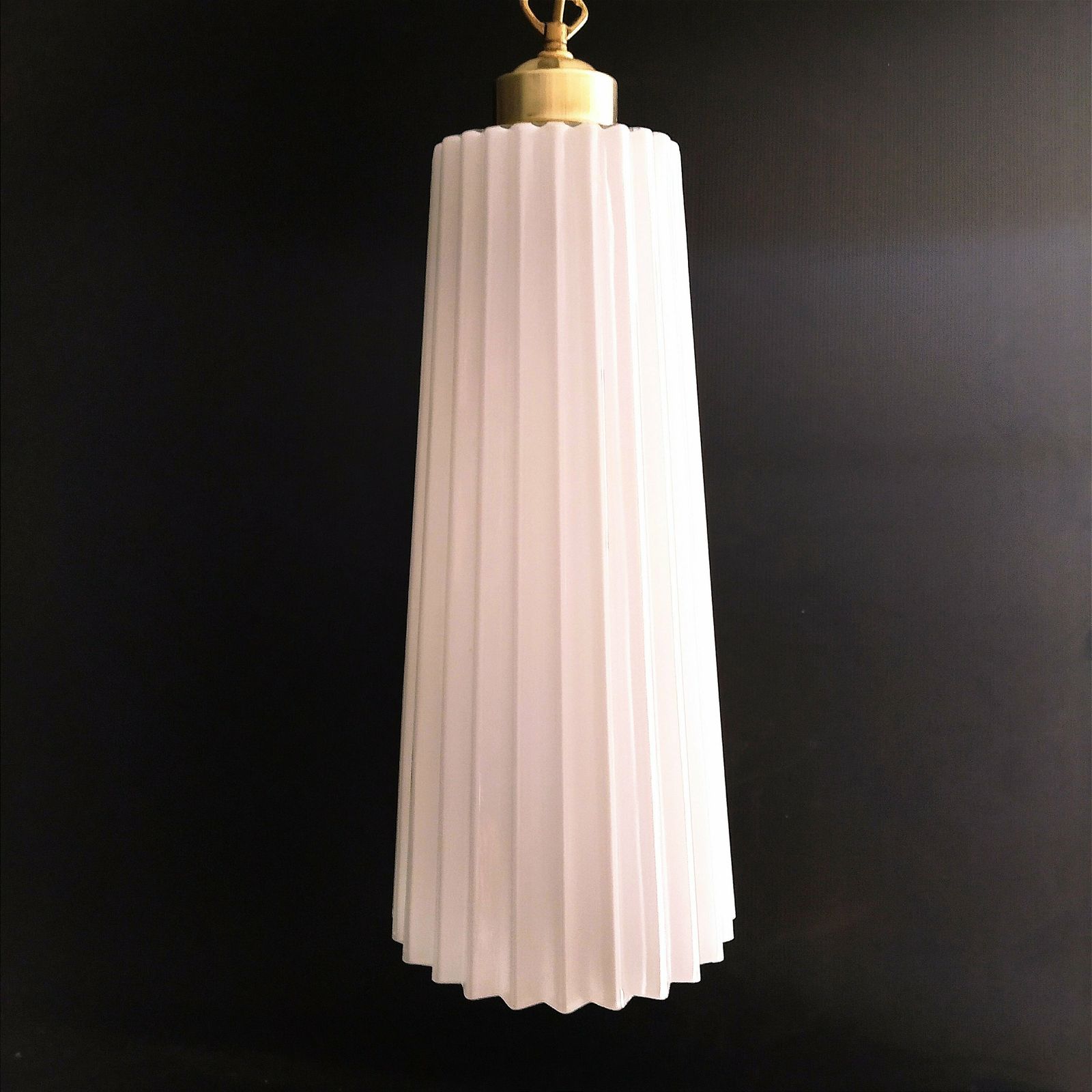 Pair Of 1960's Opaline Pleated Blown Glass Pendant Lights.