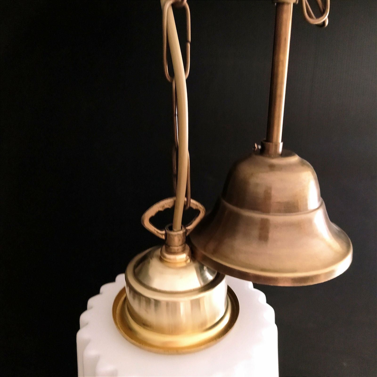 Pair Of 1960's Opaline Pleated Blown Glass Pendant Lights. photo for sale