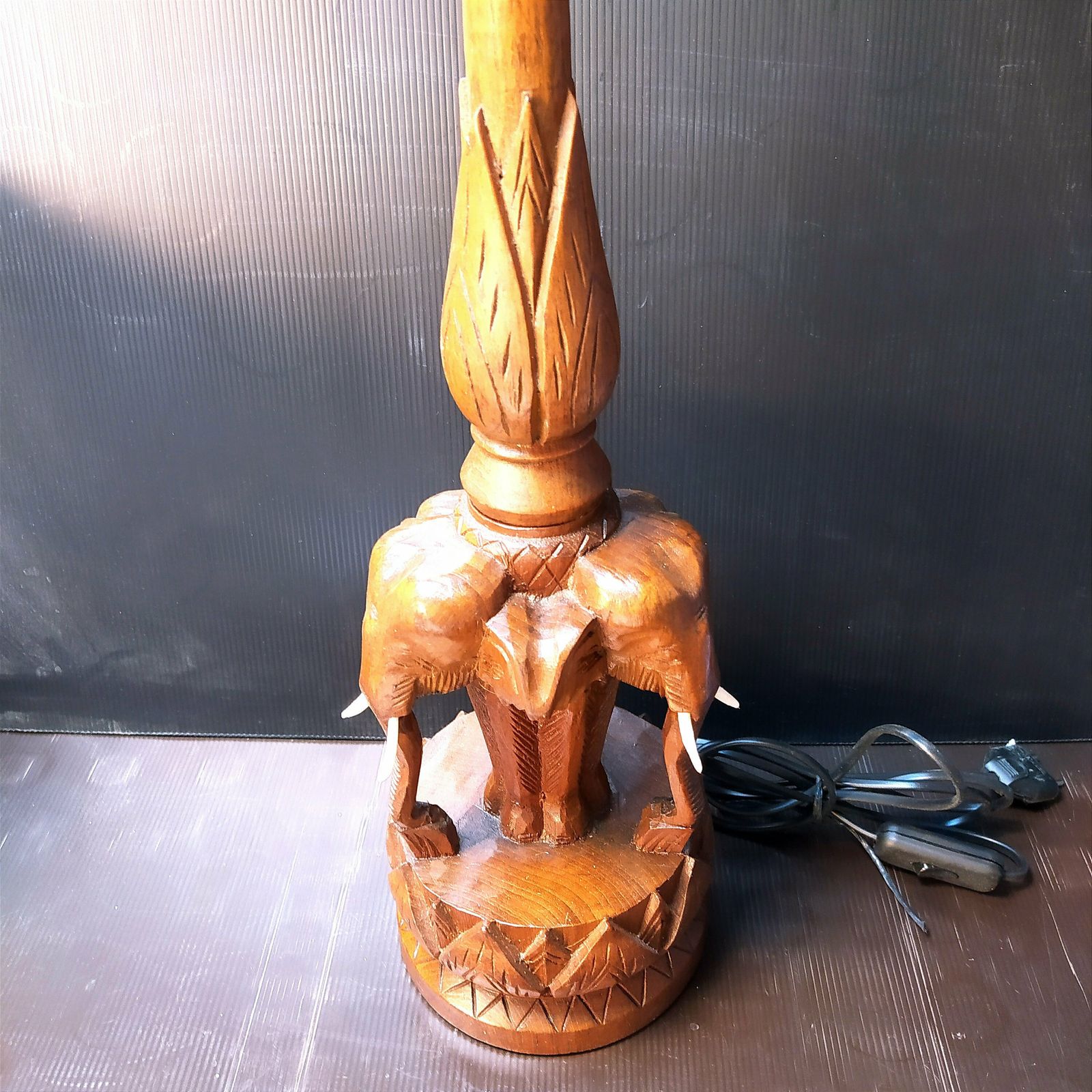 Vintage Carved Wooden Elephant Table Lamp photo for sale