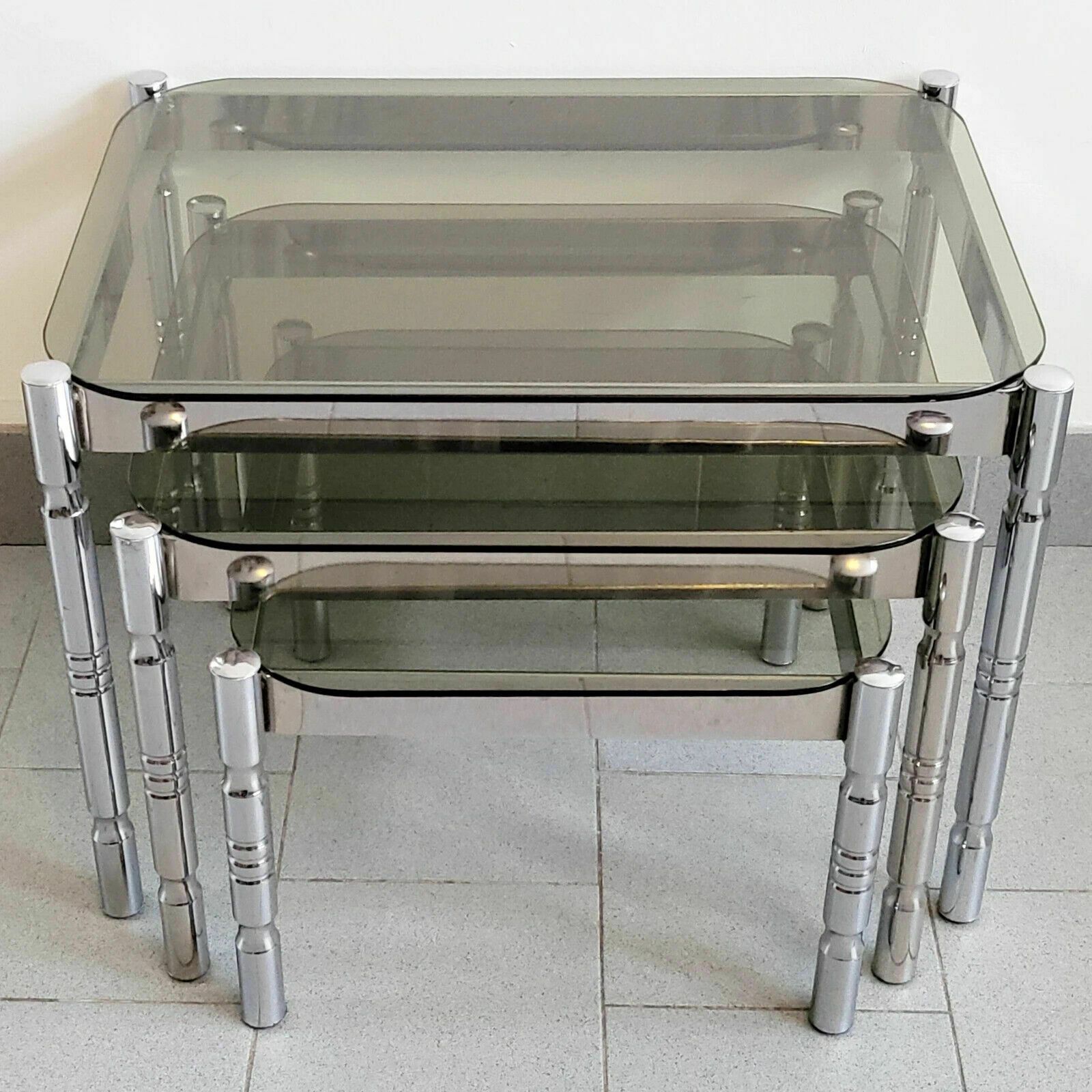 Set Of 3 Vintage Nest Of Tables 1970 Chrome Steel & Smoked Glass 70s Retro photo for sale