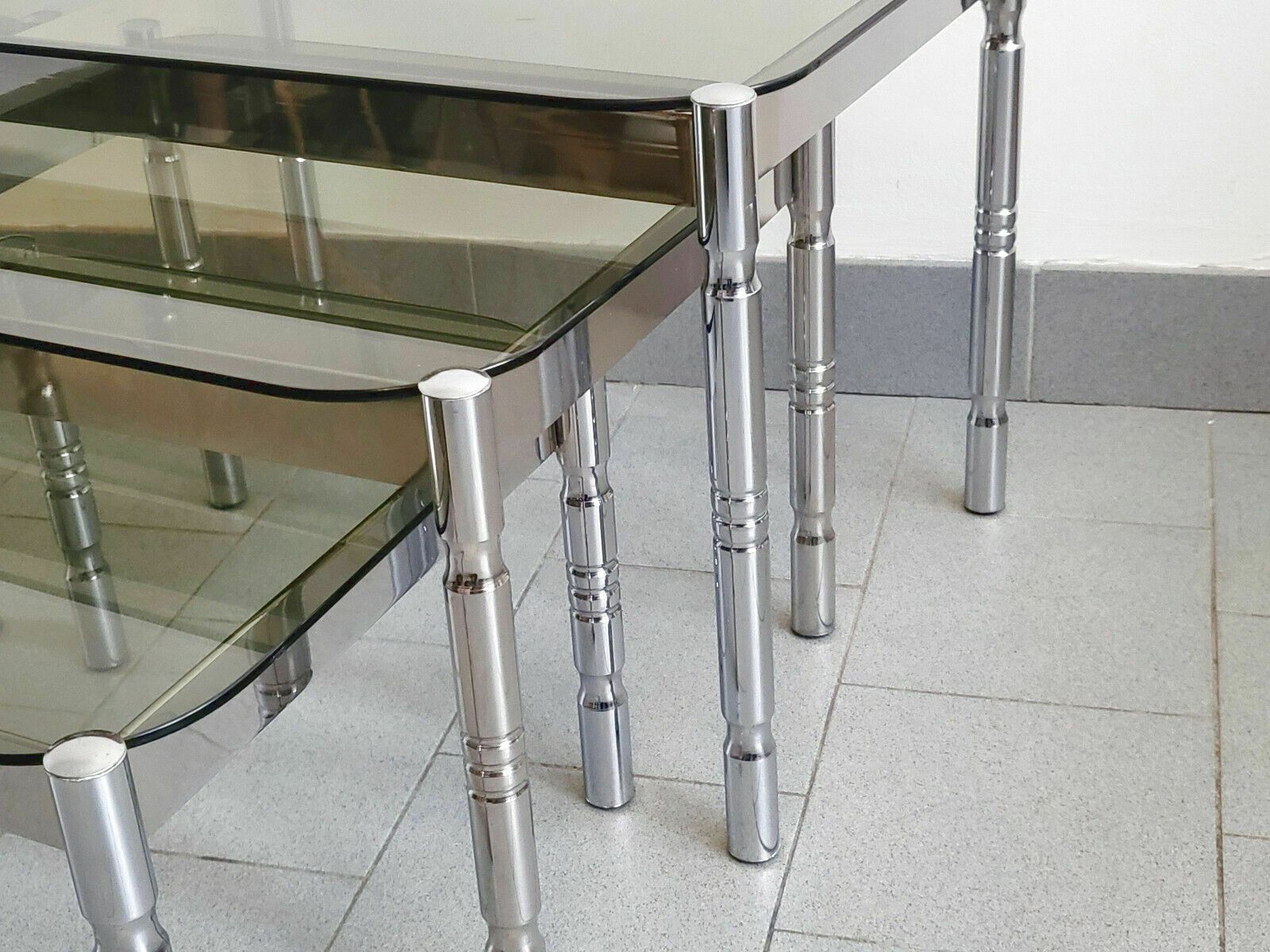 Set Of 3 Vintage Nest Of Tables 1970 Chrome Steel & Smoked Glass 70s Retro photo 358.0