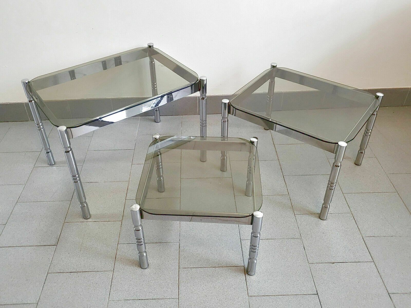 358.0 Set Of 3 Vintage Nest Of Tables 1970 Chrome Steel & Smoked Glass 70s Retro photo