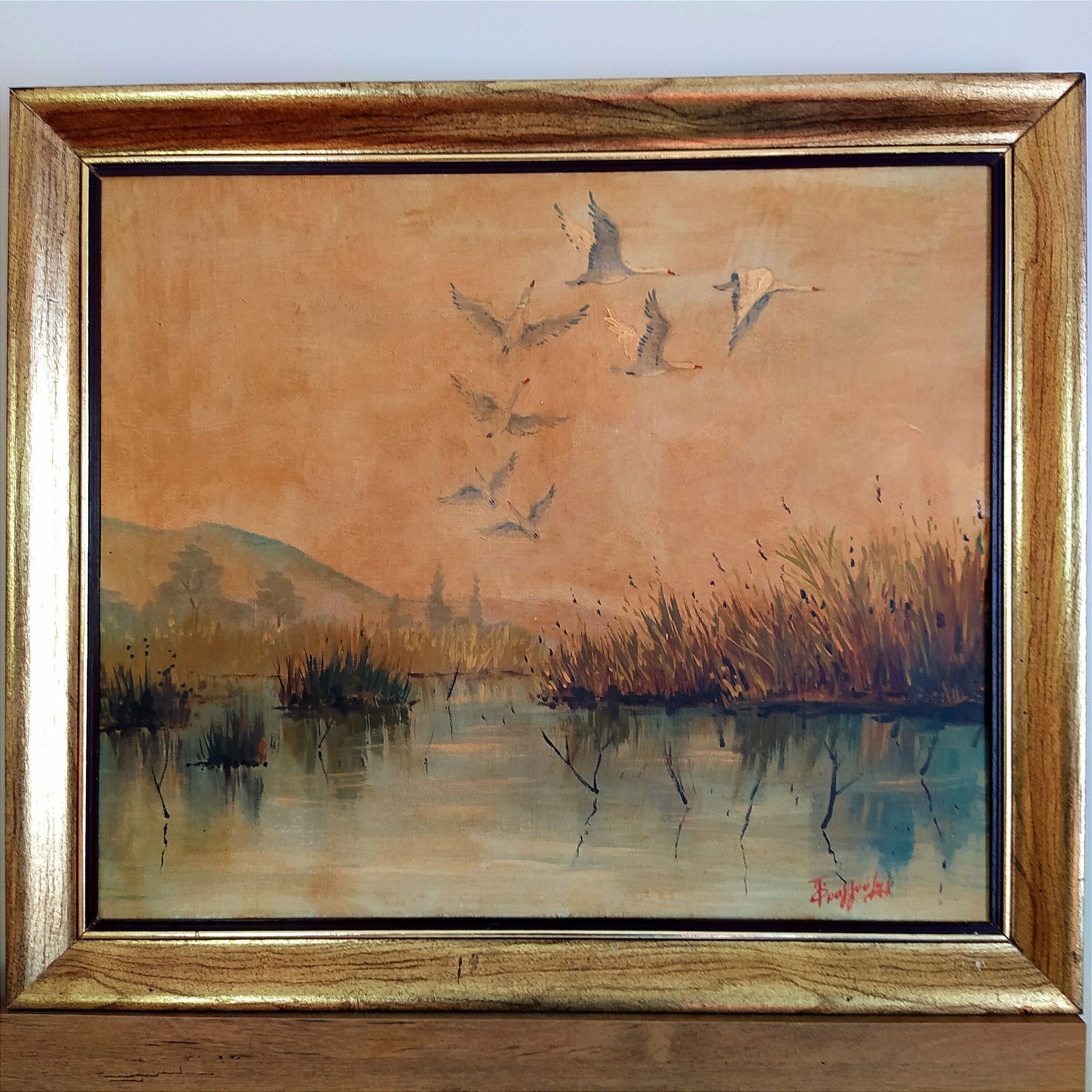 Mid Century "Storks In Flight" Oil Painting.