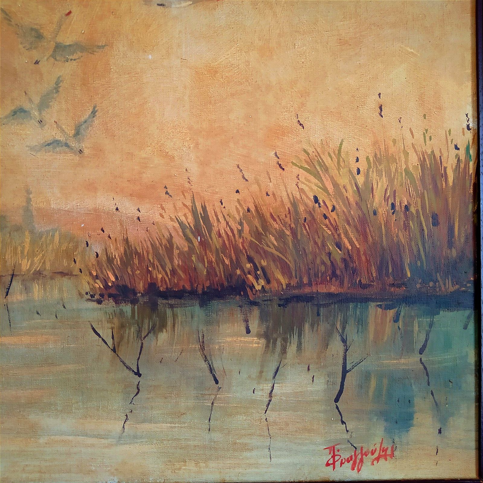 Mid Century "Storks In Flight" Oil Painting. photo Art