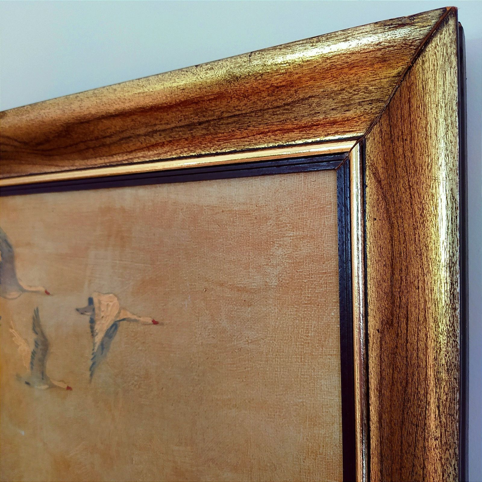 Mid Century "Storks In Flight" Oil Painting. photo vinterior