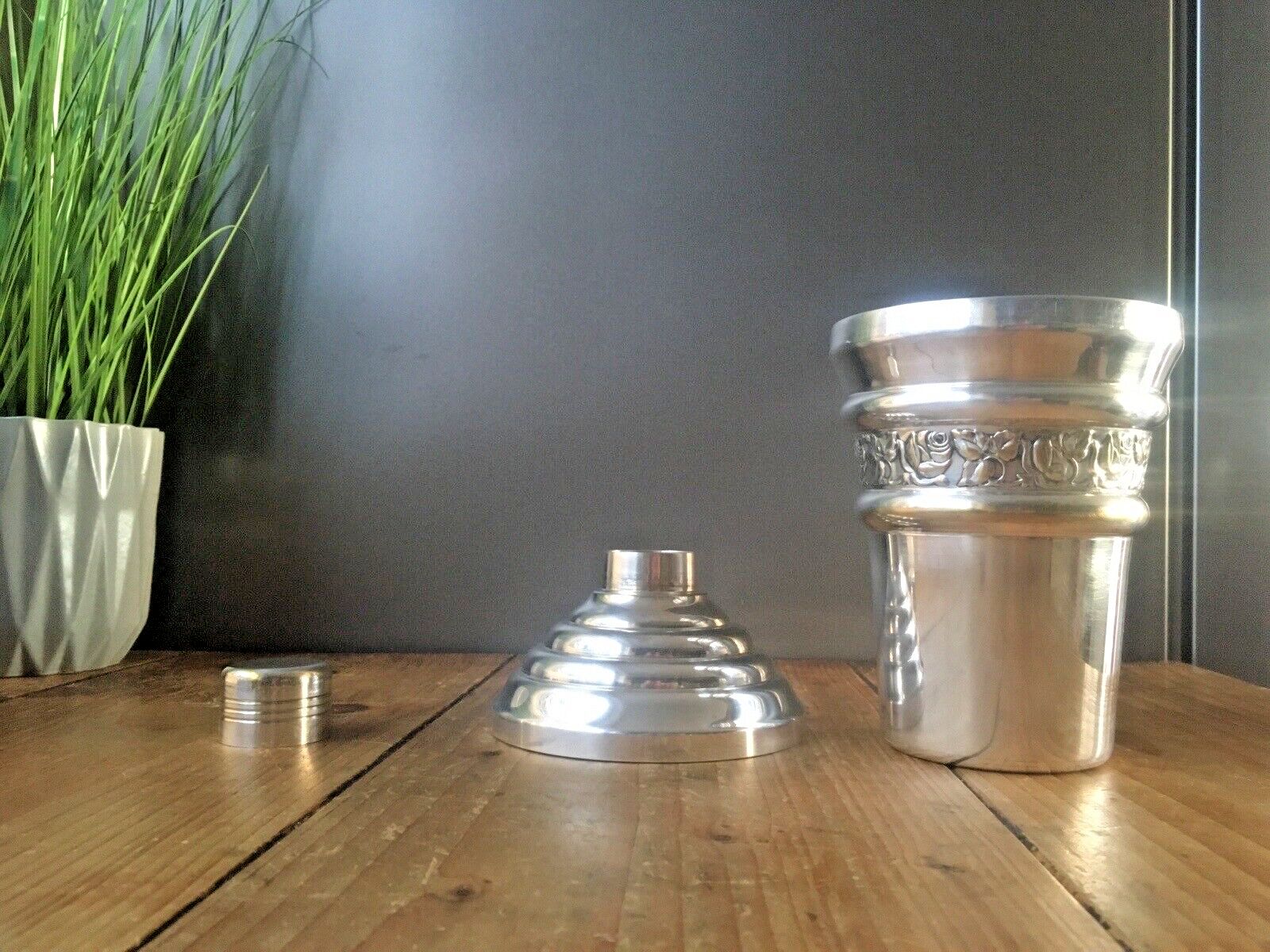 Antique Art Deco French Repousse Rose Stepped Silver Plated Cocktail Shaker Bar photo vinterior