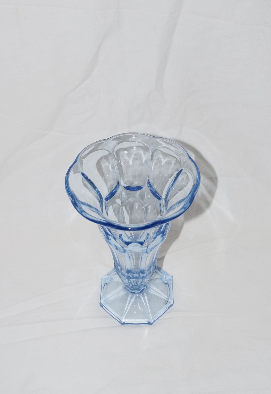 A Pale Blue Vintage Trumpet Pressed Glass Vase, Late 20th Century photo for sale