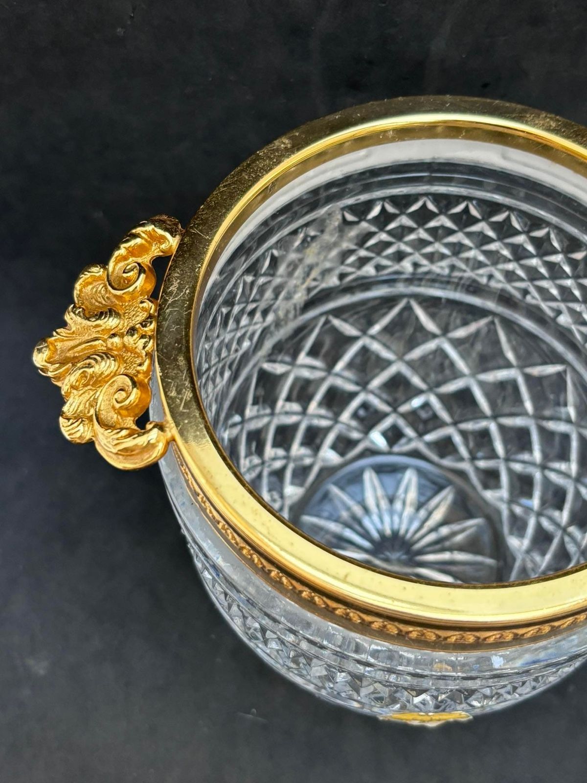 Ice Bucket Heavy Crystal With Golden Shell Handles Mid Century Barware Mixology Tools Bar Cart Decor Man Cave Gift Hollywood Regency photo for sale