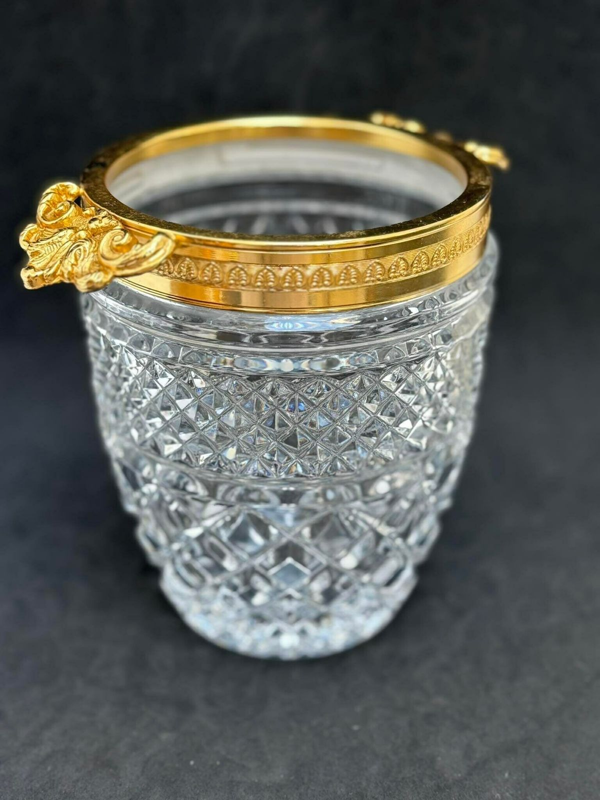 photo for sale Ice Bucket Heavy Crystal With Golden Shell Handles Mid Century Barware Mixology Tools Bar Cart Decor Man Cave Gift Hollywood Regency
