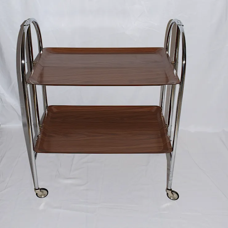 A Mid Century Bremshey & Co German Dinette Trolley. Made Of Chrome & Lamented Wood. It Folds Into A Smaller Frame. Attribution Mark On The Wheels. photo for sale