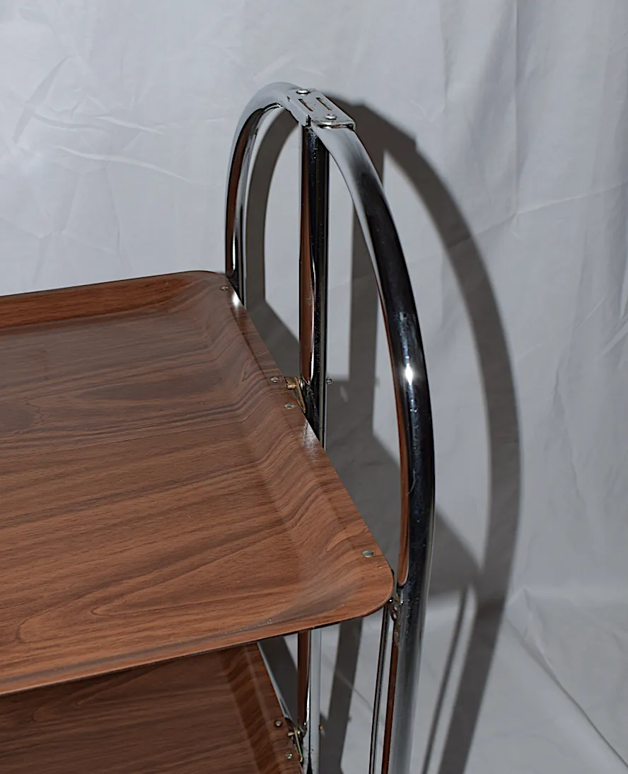 photo furniture A Mid Century Bremshey & Co German Dinette Trolley. Made Of Chrome & Lamented Wood. It Folds Into A Smaller Frame. Attribution Mark On The Wheels.