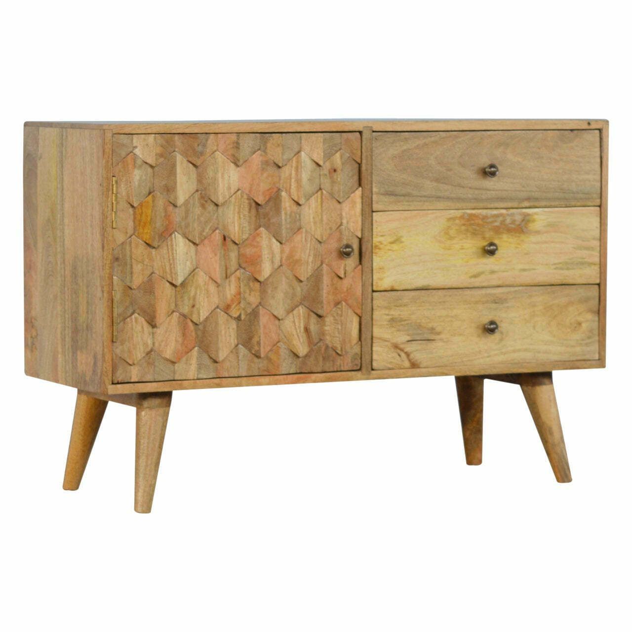 3 Drawer Solid Wood Cabinet With Pineapple Carved Door Front