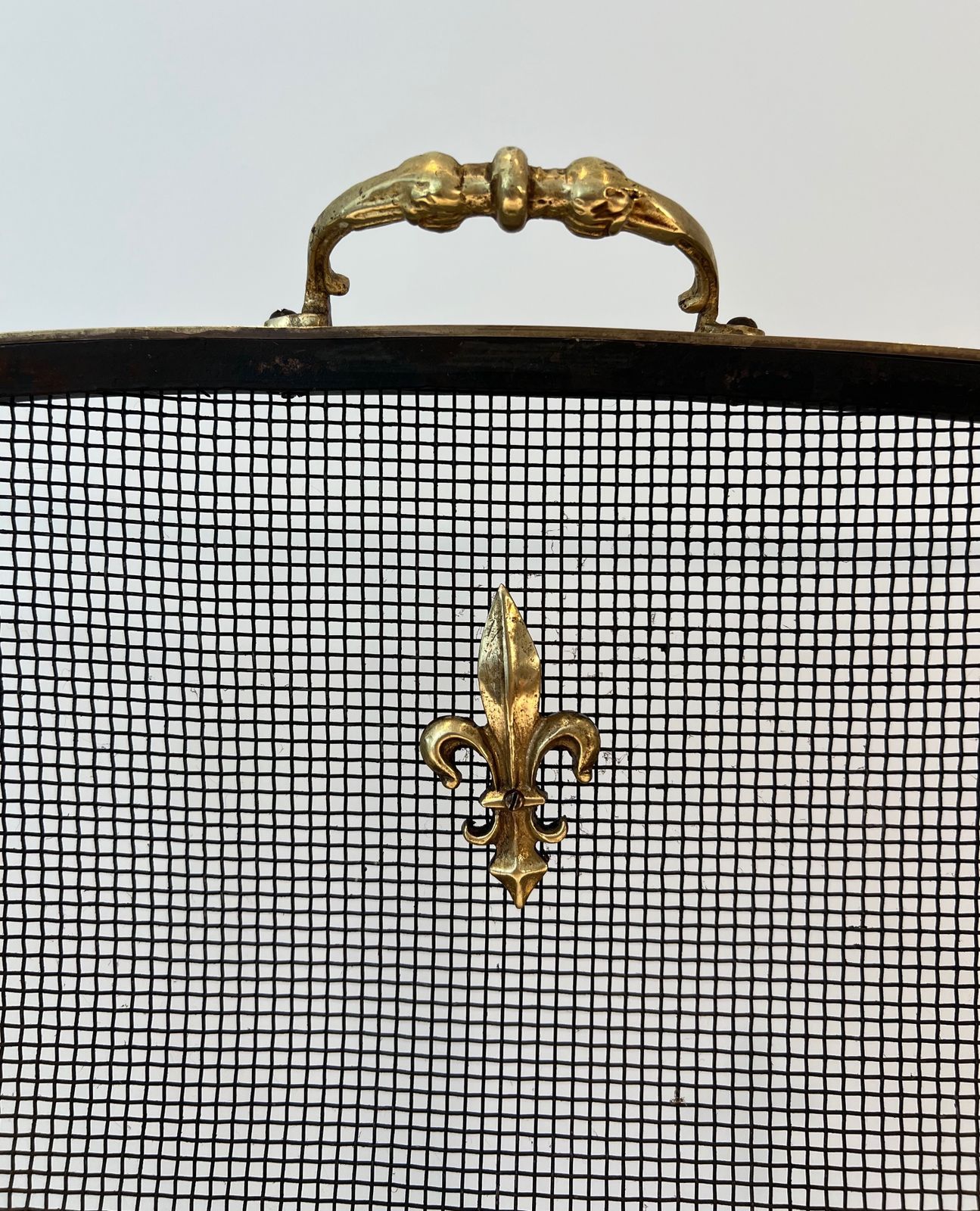 Neoclassical Style Firewall In Steel, Brass And Mesh With Fleurs De Lys Decor photo buy