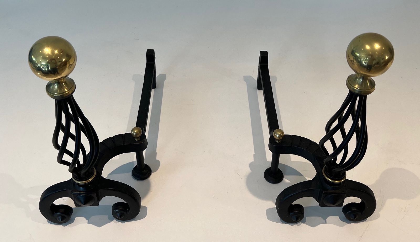 Pair Of Wrought Iron Andirons Topped With A Brass Ball photo furniture