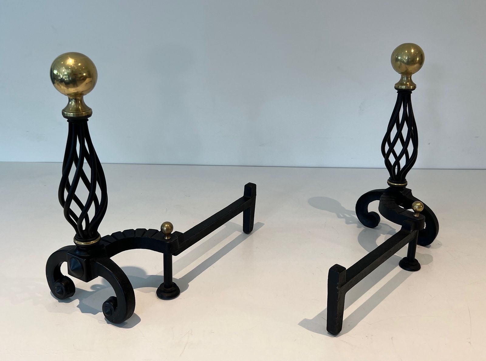 Pair Of Wrought Iron Andirons Topped With A Brass Ball photo 980.0
