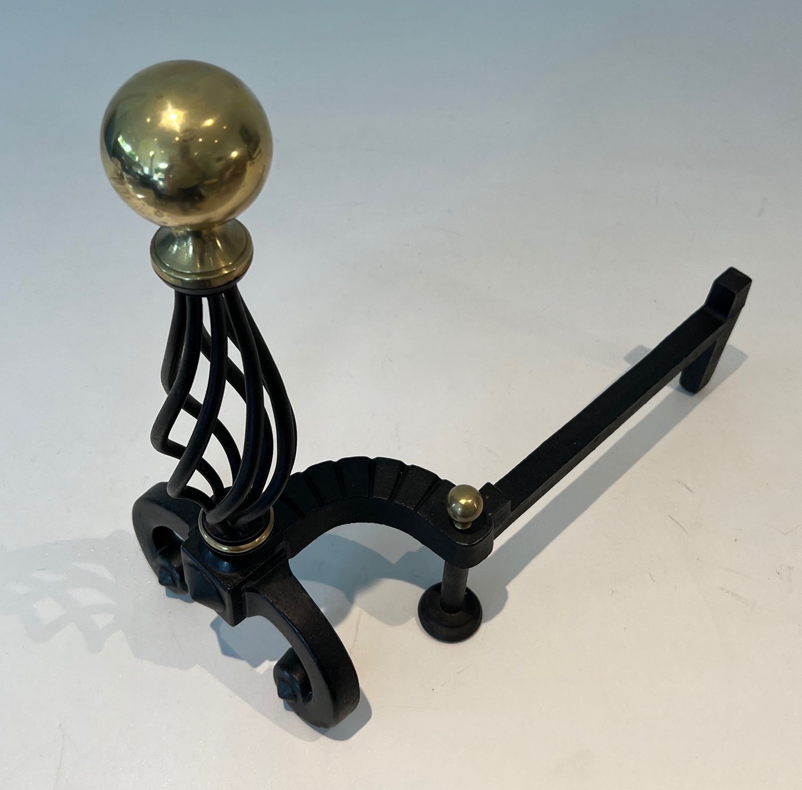 Pair Of Wrought Iron Andirons Topped With A Brass Ball photo vintage