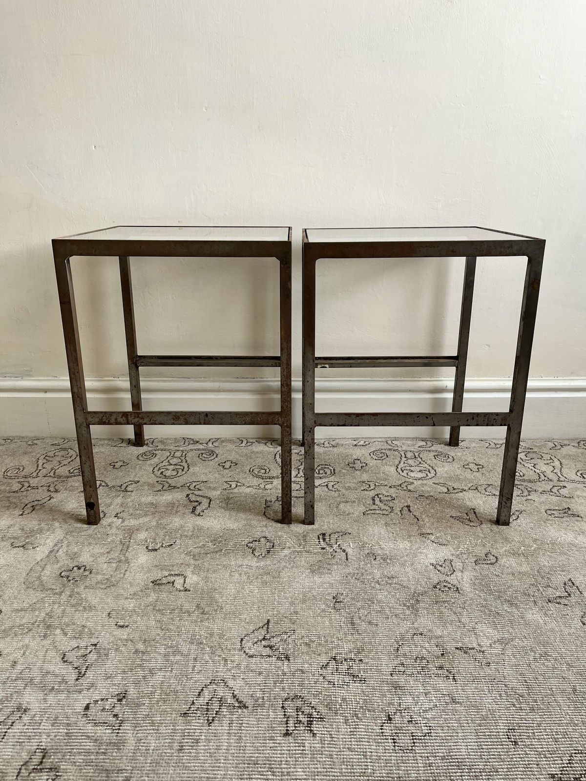 Patinated Metal End Table Of Industrial Design, Bespoke Piece With Glass Top