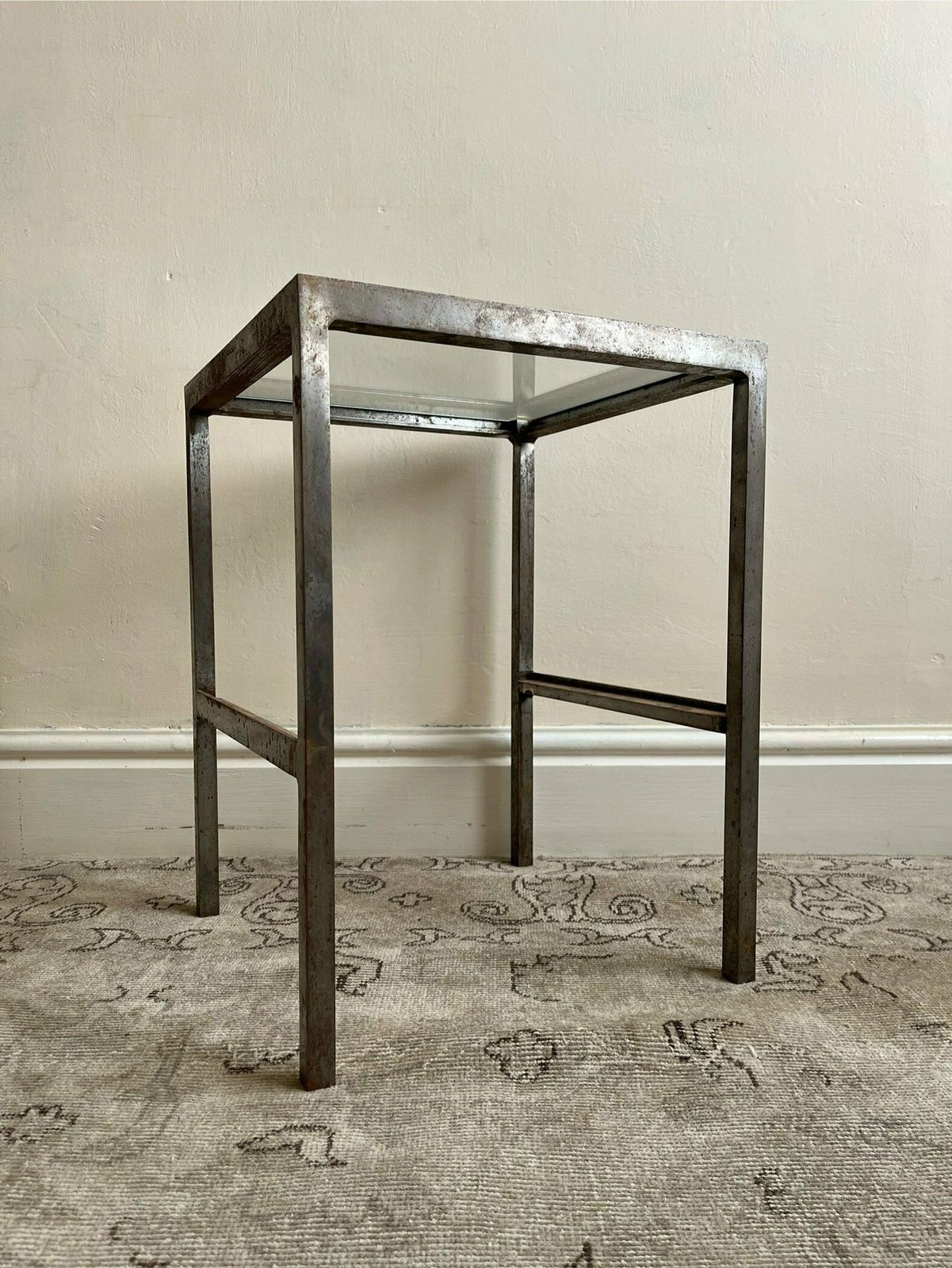 Patinated Metal End Table Of Industrial Design, Bespoke Piece With Glass Top photo vintage