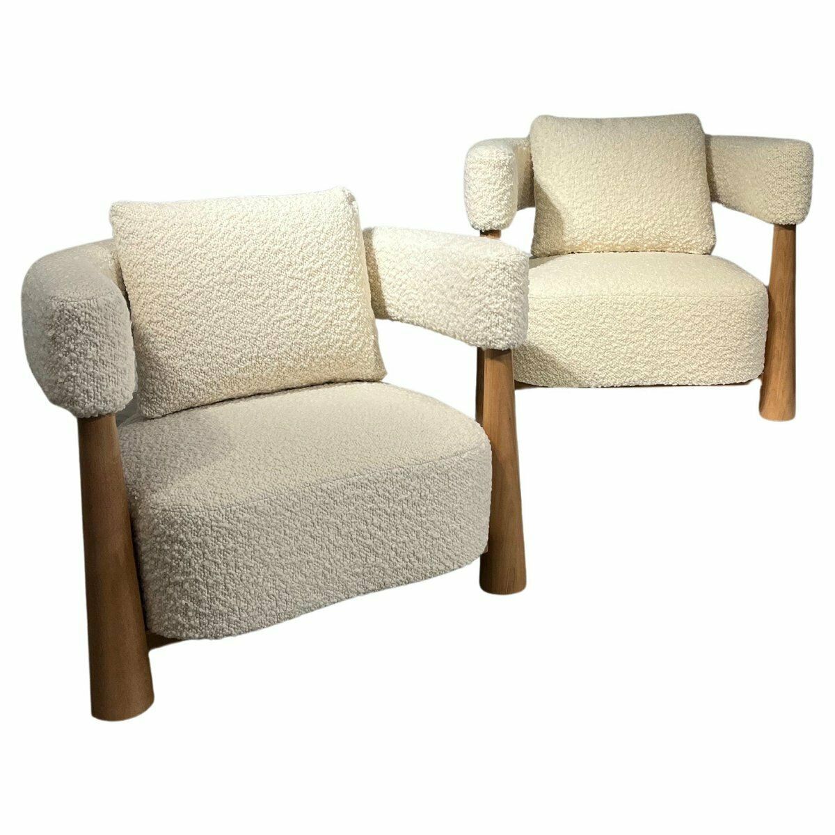 Bouclette And Light Wood Armchairs, Set Of 2