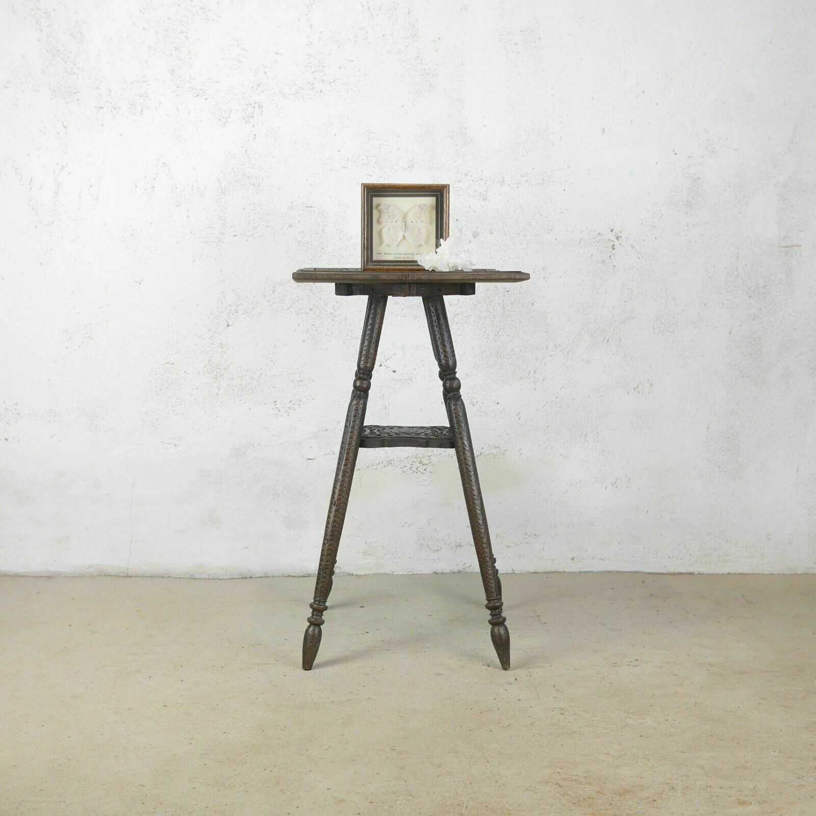 Antique Carved Anglo Indian Square Burmese Hard Wood Lamp Side Table Weathered photo for sale