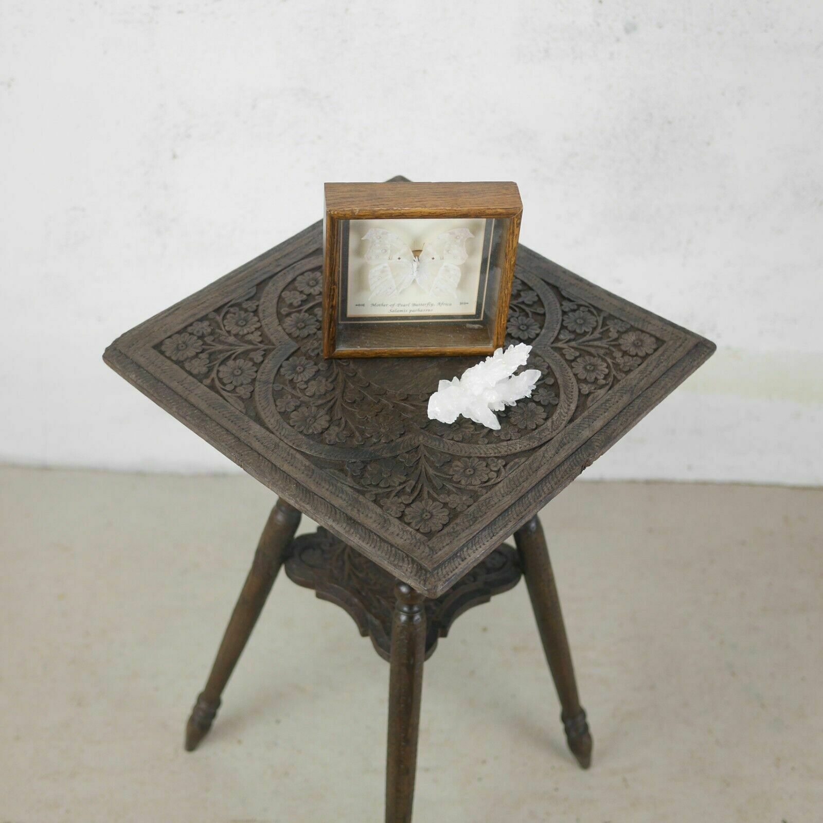 Antique Carved Anglo Indian Square Burmese Hard Wood Lamp Side Table Weathered photo Furniture