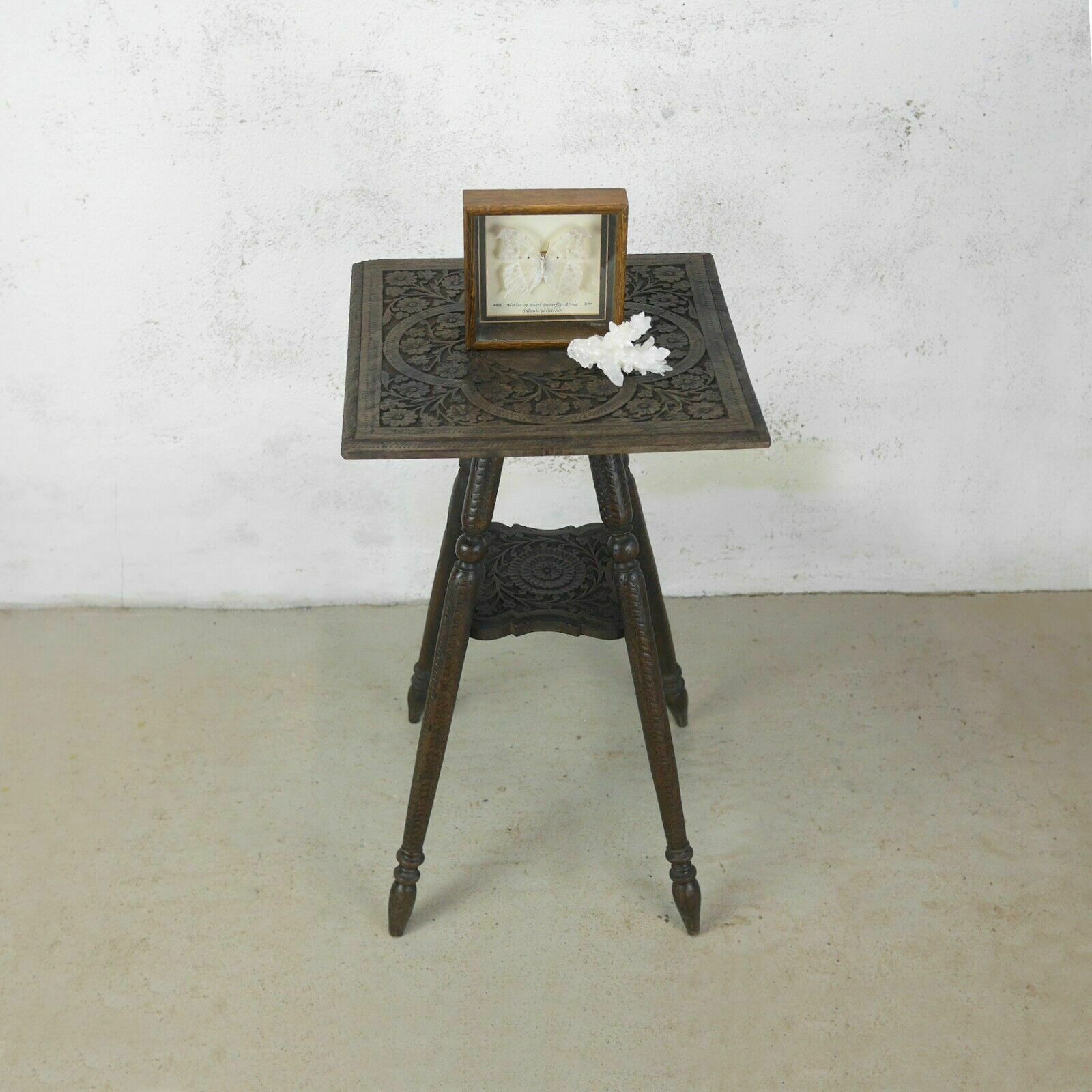 Antique Carved Anglo Indian Square Burmese Hard Wood Lamp Side Table Weathered photo 245.0
