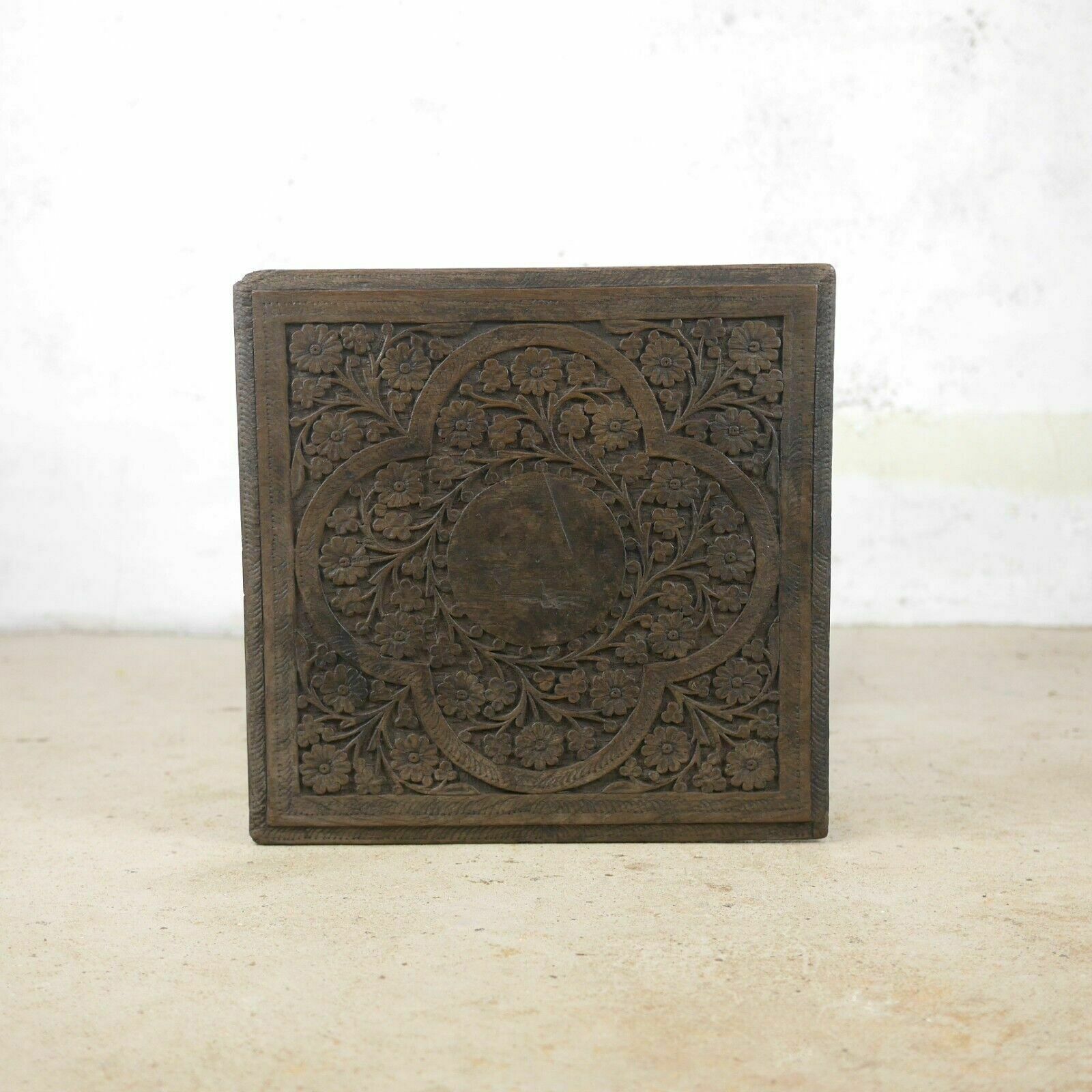 Antique Carved Anglo Indian Square Burmese Hard Wood Lamp Side Table Weathered photo vinterior