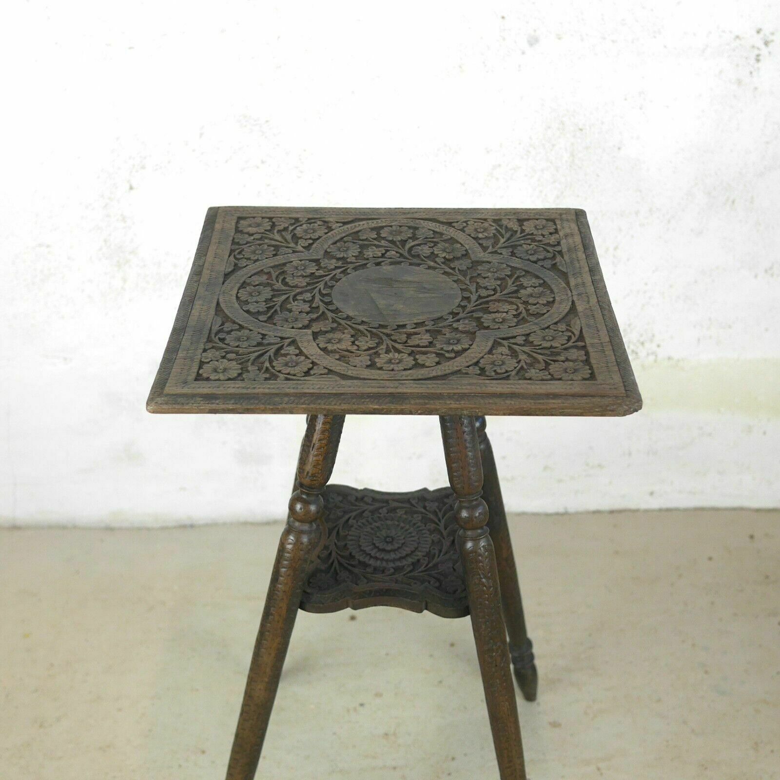 photo furniture Antique Carved Anglo Indian Square Burmese Hard Wood Lamp Side Table Weathered