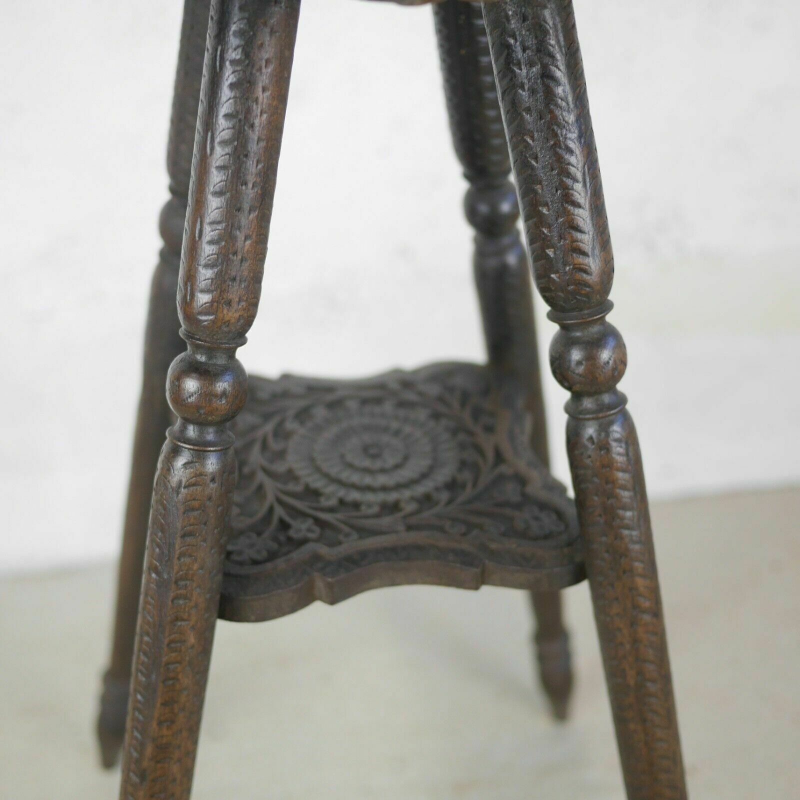 photo vinterior Antique Carved Anglo Indian Square Burmese Hard Wood Lamp Side Table Weathered