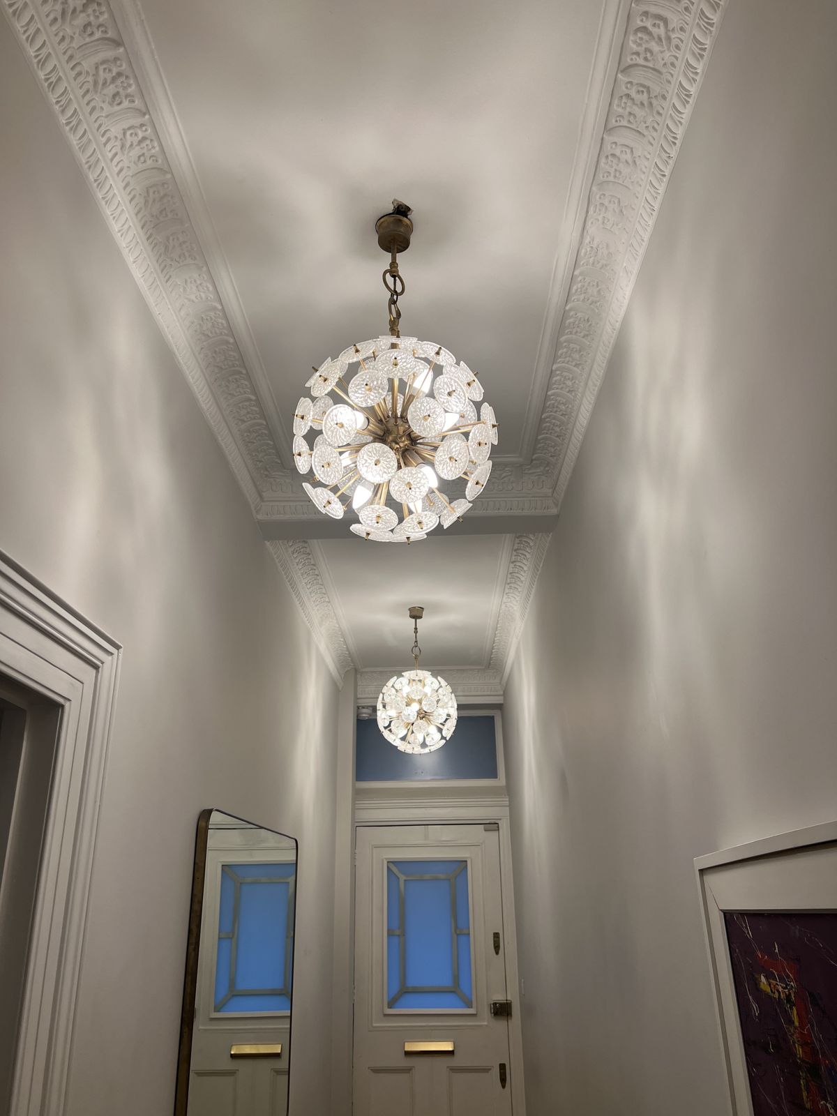 Pair Of Vintage Val Saint Lambert Crystal Cluster Form Sputnik / Snowflake 1960s Chandeliers photo for sale