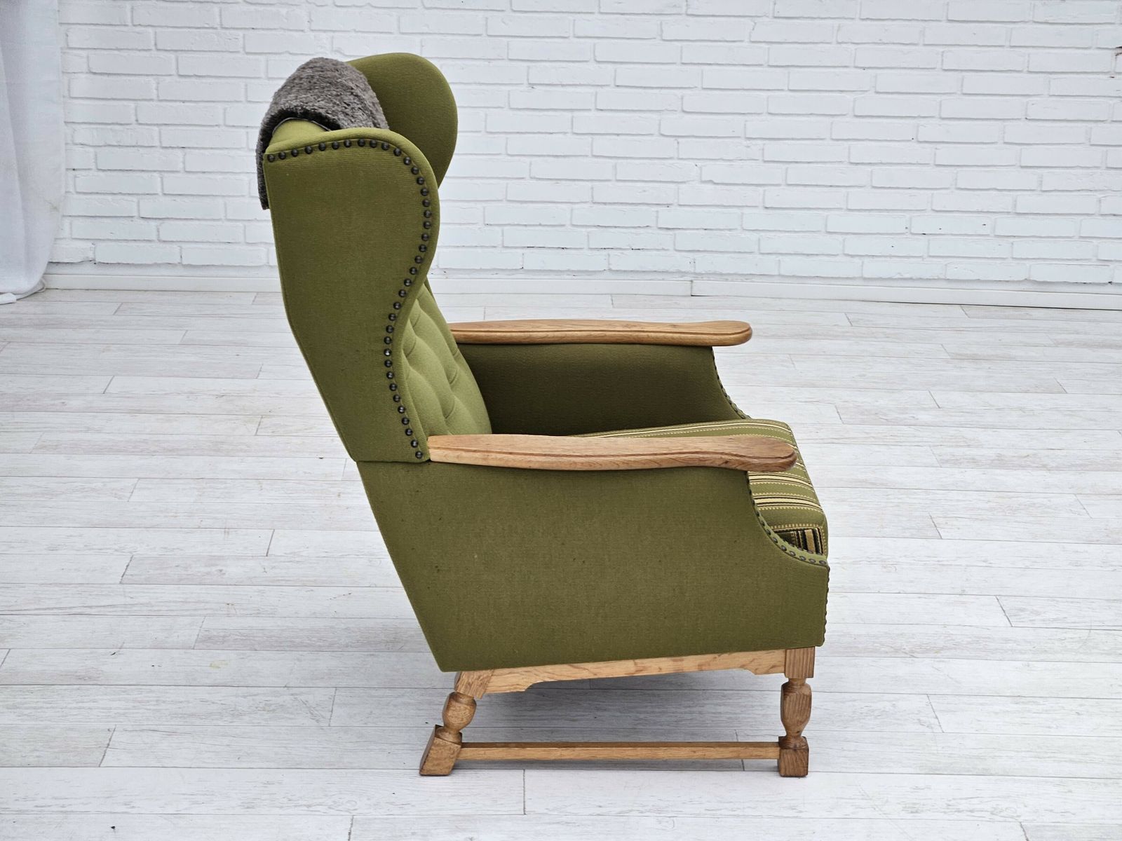 1970s, Danish Highback Armchair, Wool, Oak, Original Very Good Condition. photo 1290.0