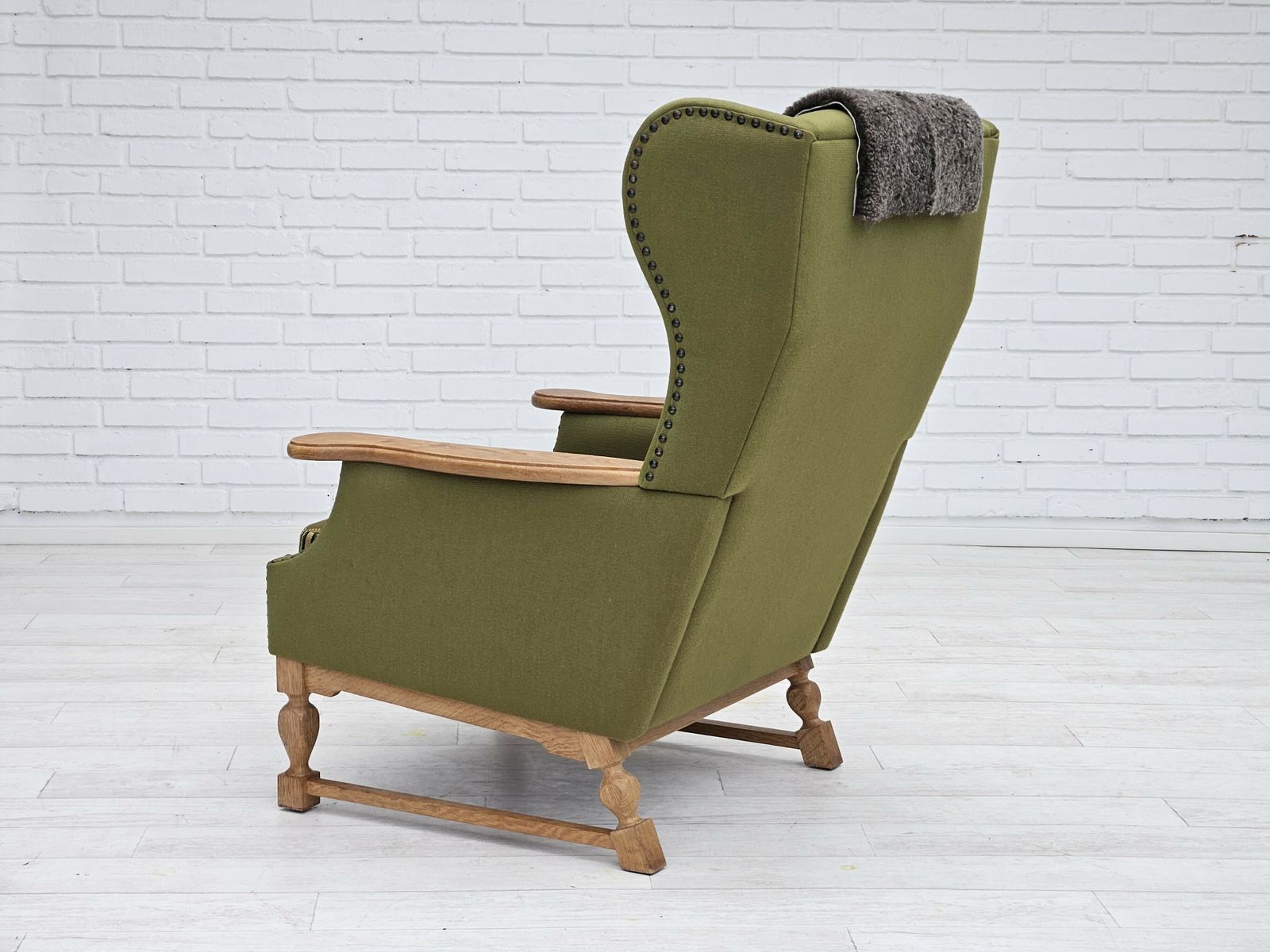 1970s, Danish Highback Armchair, Wool, Oak, Original Very Good Condition. photo vintage