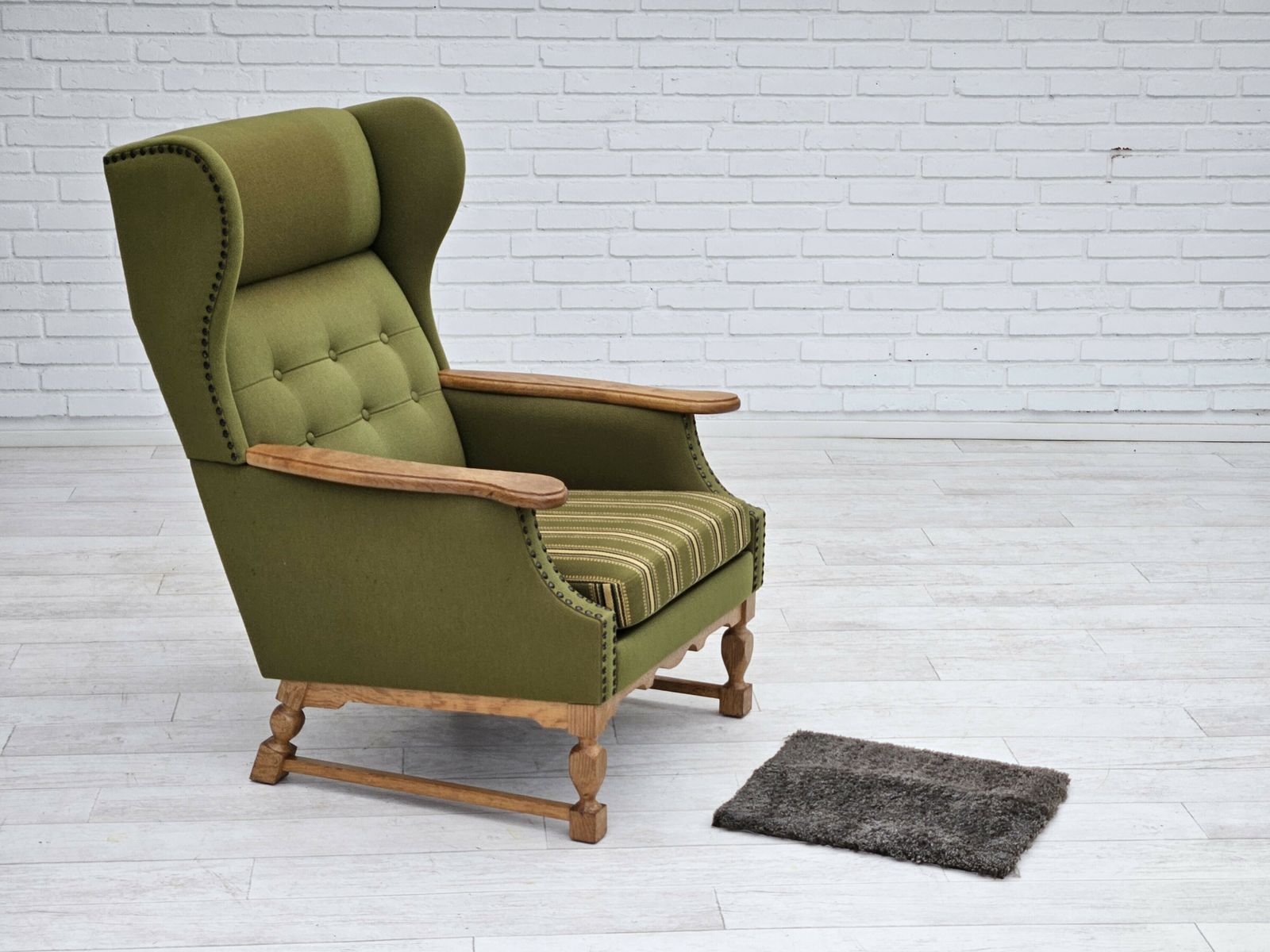 Furniture 1970s, Danish Highback Armchair, Wool, Oak, Original Very Good Condition. photo