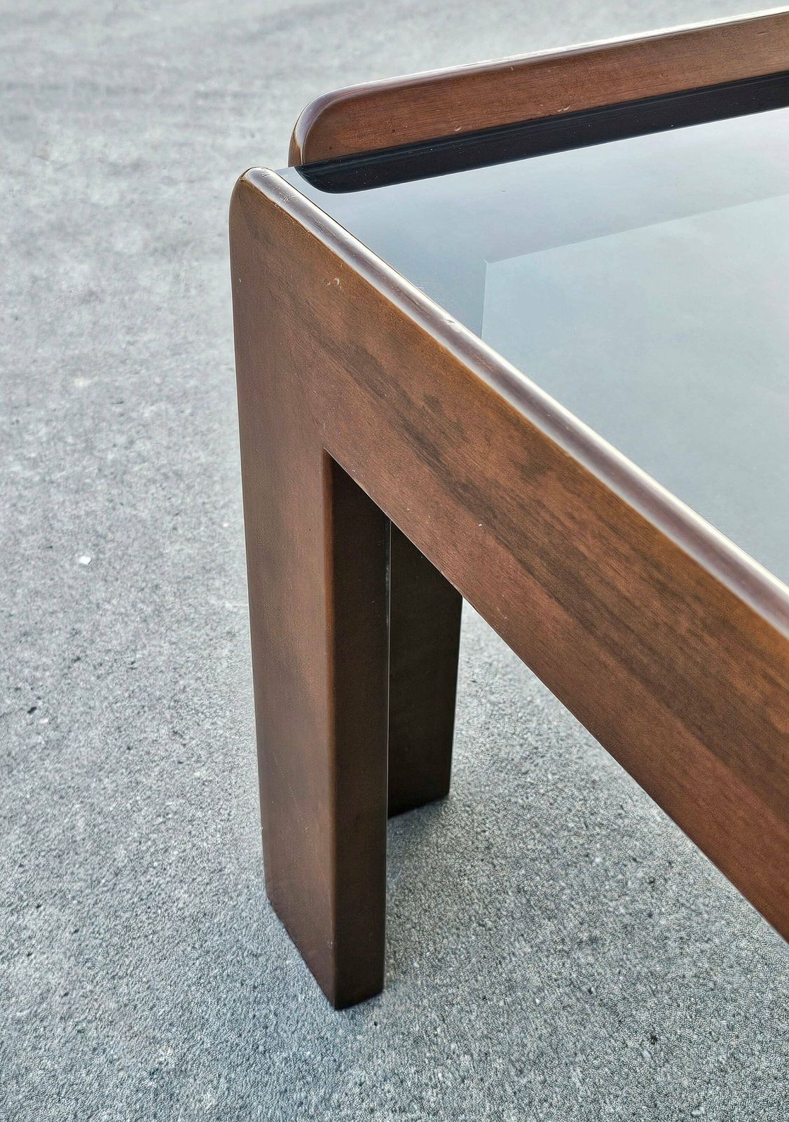 Mid Century Modern Coffee Table Done In Walnut And Smoke Glass Designed By Afra And Tobia Scarpa // Made In Italy In 1960s photo buy