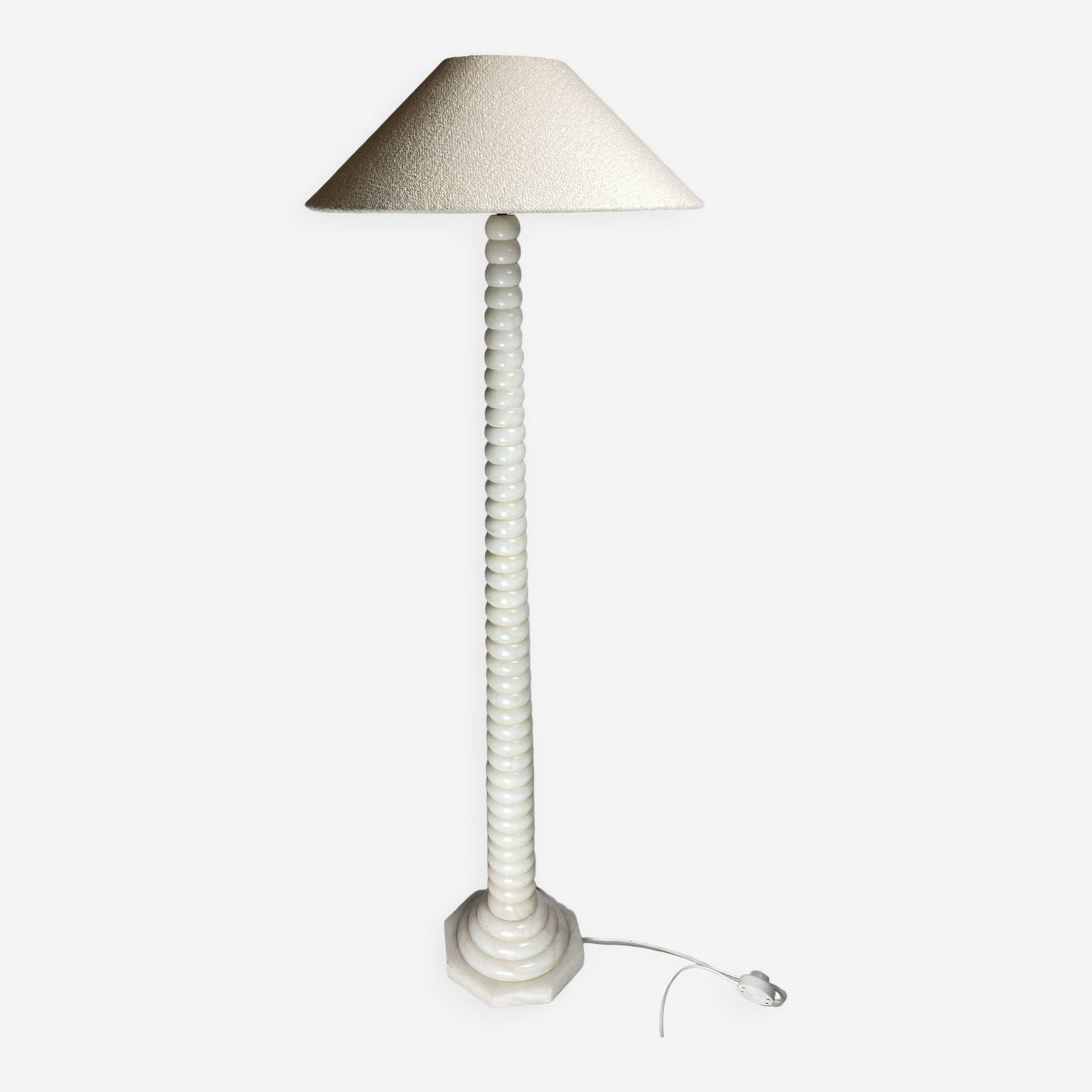 Midcentury French Alabaster Floor Lamp With Bouclé Shade, 1950s
