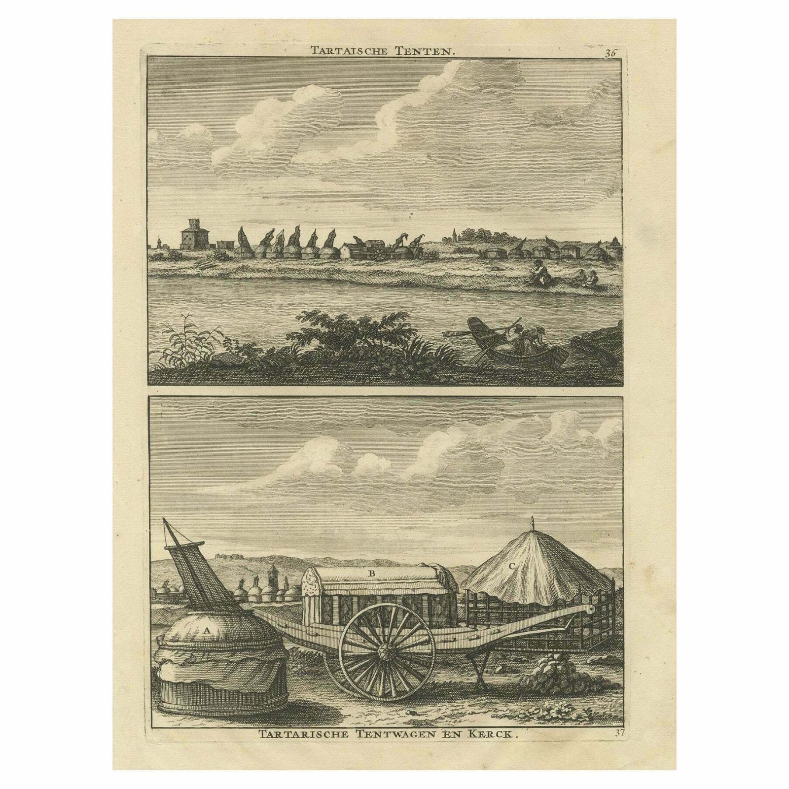 Antique Print Of Tartar Tents, Wagon And A Tartar Church, 1714