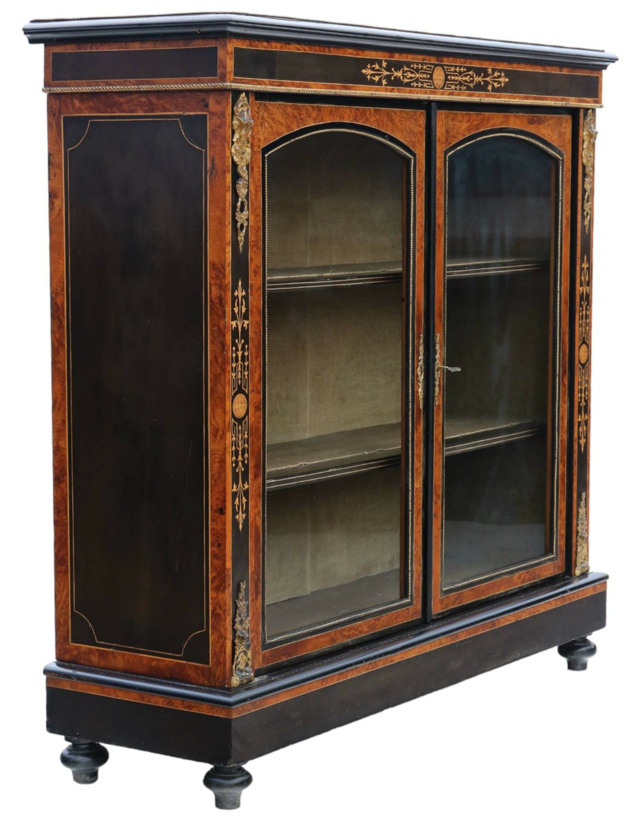 Antique C1880 Large Quality Inlaid Ebonised, Amboyna And Burr Walnut Pier Display Cabinet Asthetic 1880
