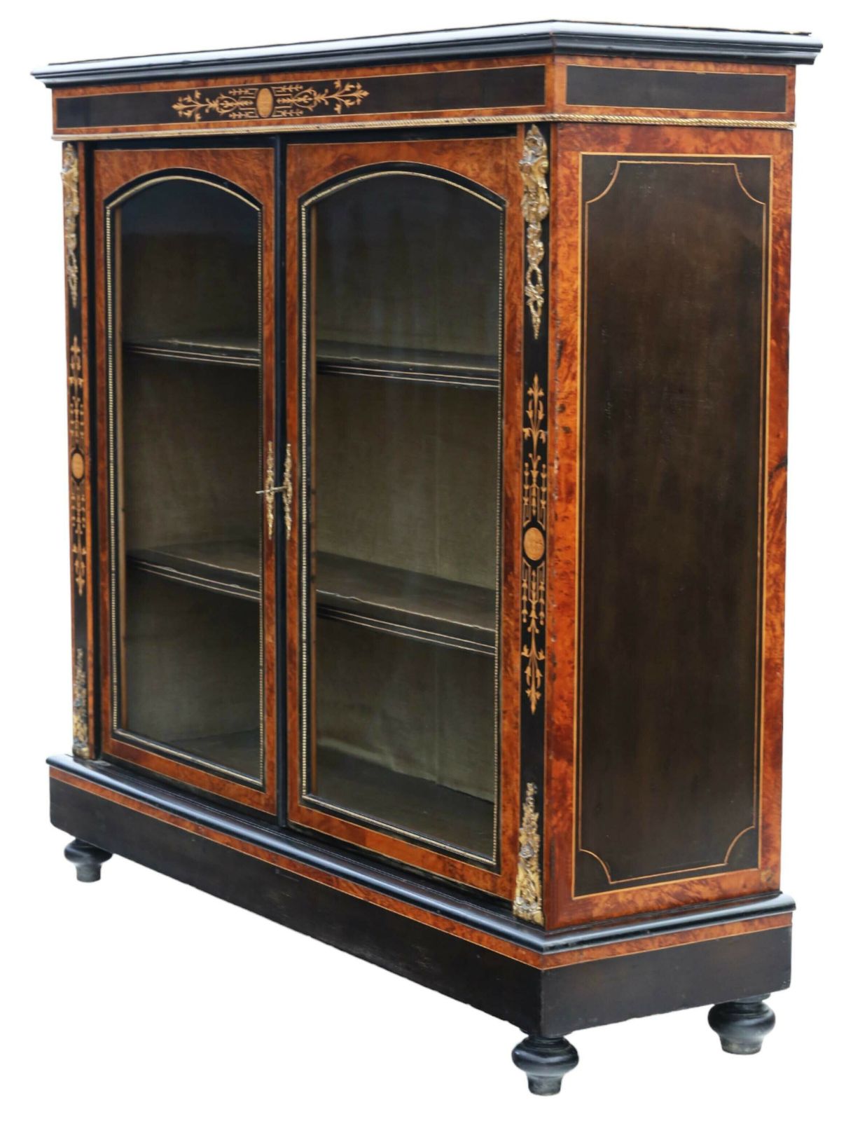 Antique C1880 Large Quality Inlaid Ebonised, Amboyna And Burr Walnut Pier Display Cabinet Asthetic 1880 photo furniture